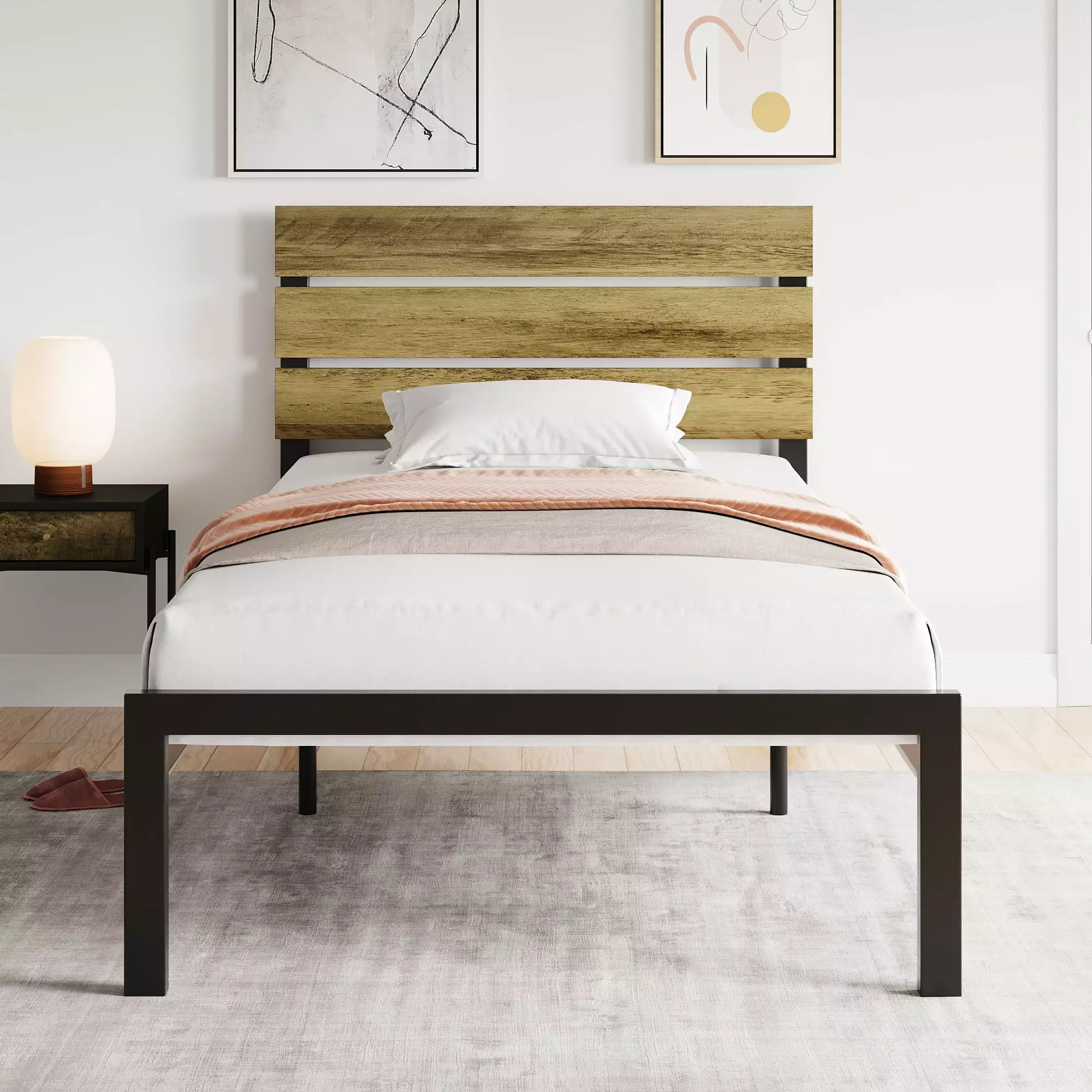 Einfach Metal Bed Frames 3-Panel MDF Headboard Twin Size Light Brown