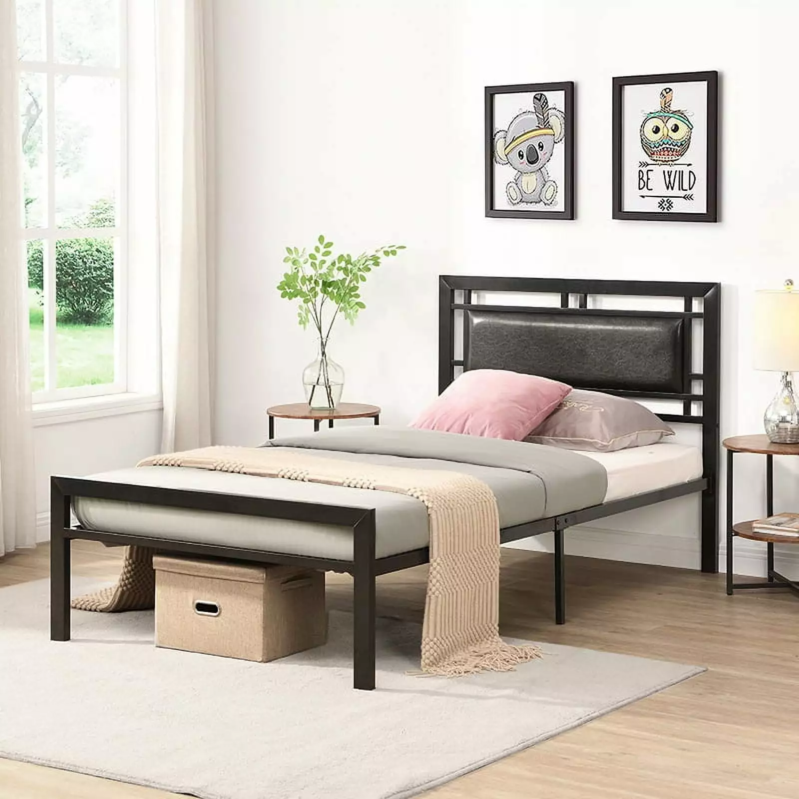 Twin Size Metal Bed Frame PU Headboard and Footboard No Box Spring Needed Heavy Duty Twin Bed Frame Platform Mattress Foun...