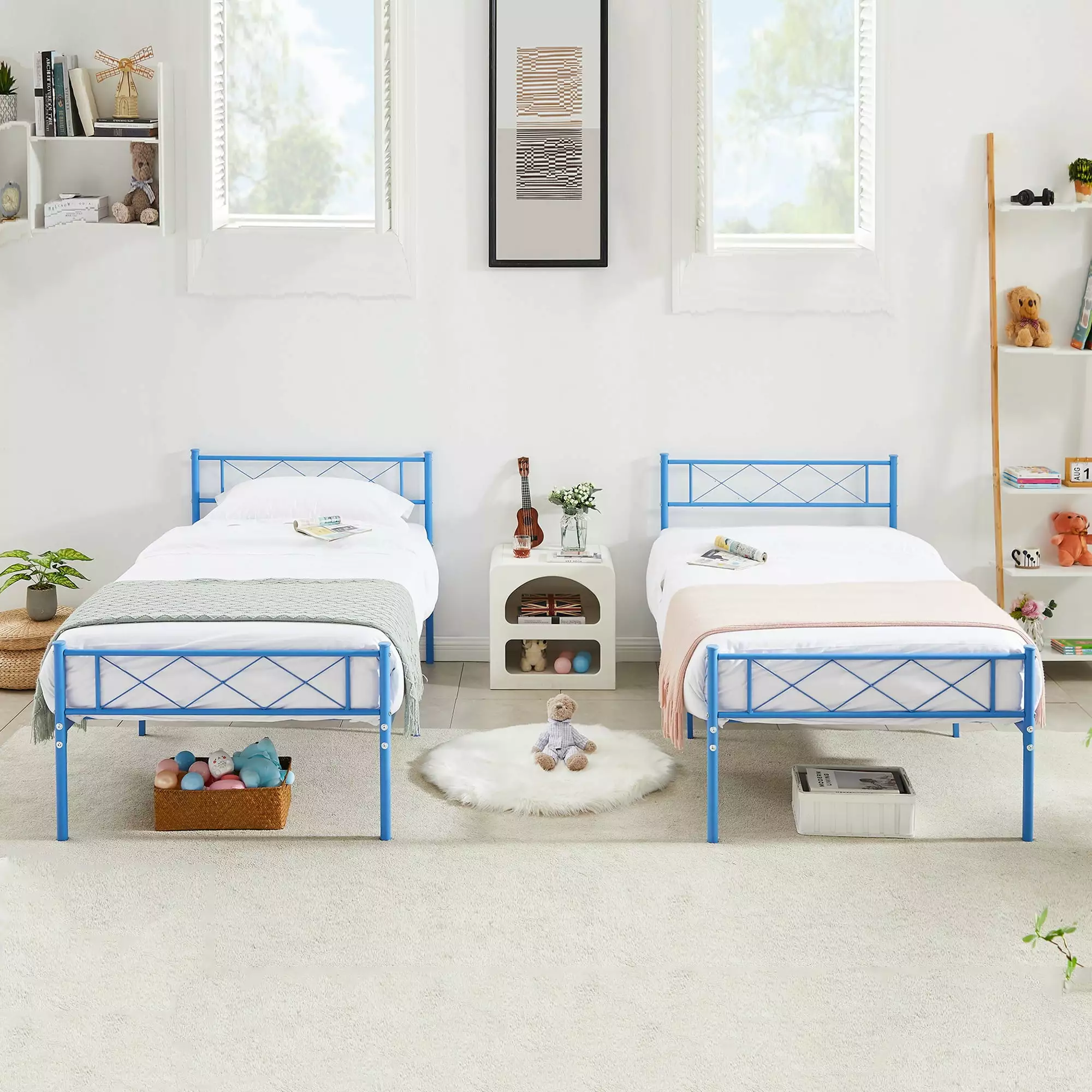 VECELO 2-Piece Twin Size Metal Bed Frame Headboard and Footboard Blue Easy Assembly No Box Spring