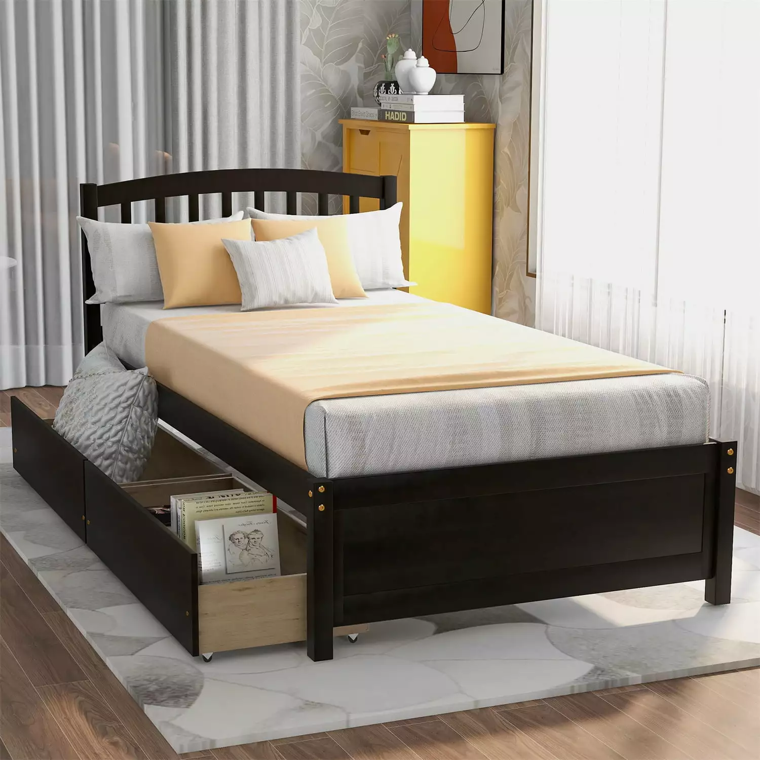 Twin Size Platform Bed Storage Wood Bed Frame Two Drawers Headboard Espresso ARCTICSCORPION
