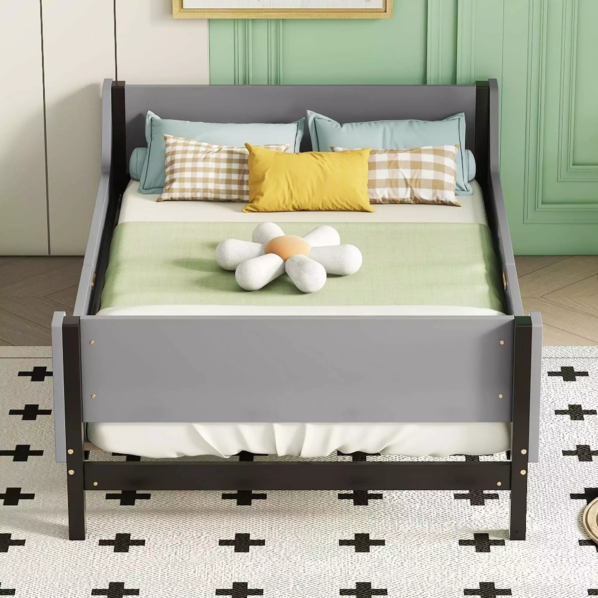 Twin Size Platform Bed Twin Bed Headboard and Footboard Solid Wood Platform Bed Kids Boys and Girls Strong Wooden Slat Sup...