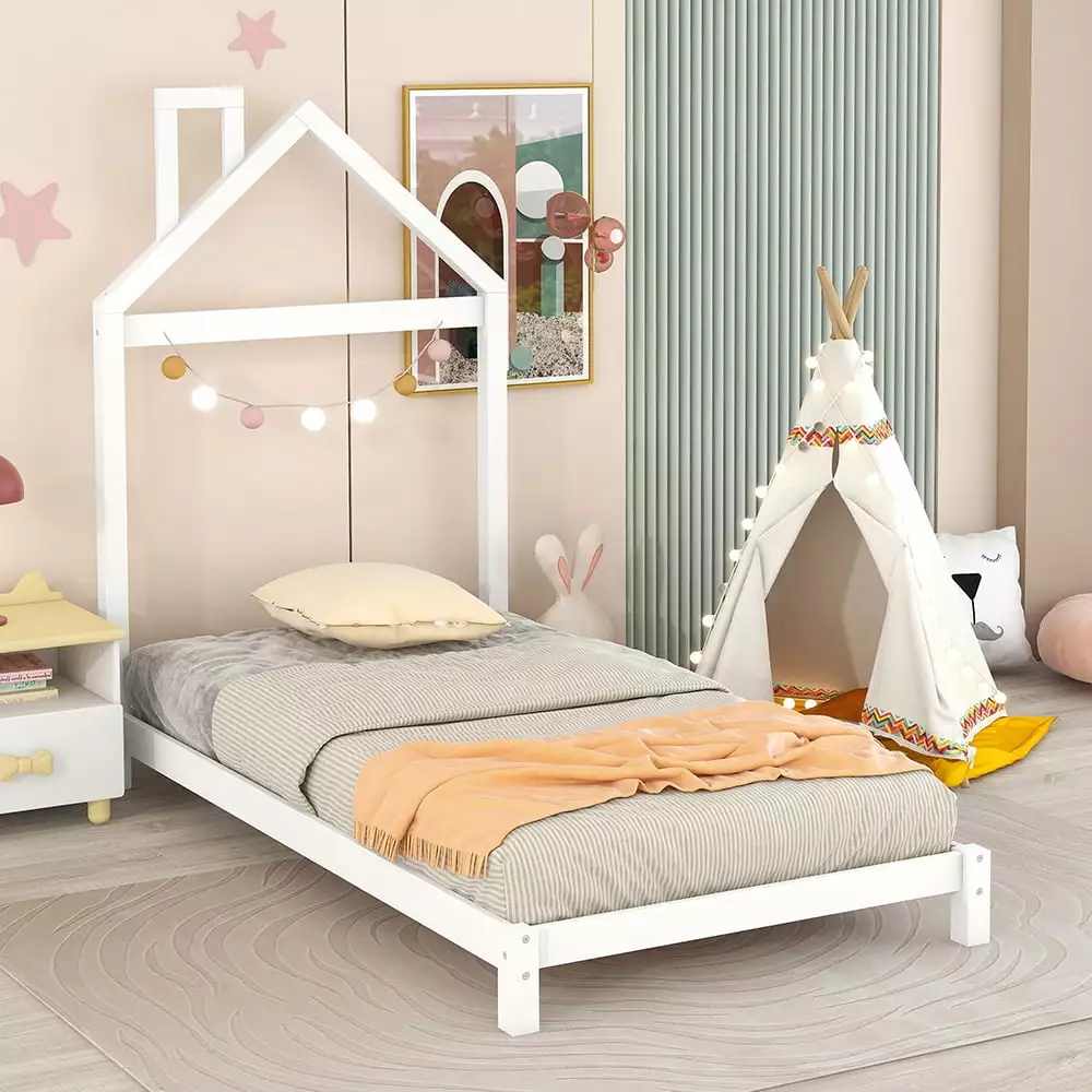 Bellemave Twin Size Kids Bed Frame Houtilize Shaped Headboard Solid Wood Toddler Platform Bed Girls Boys White