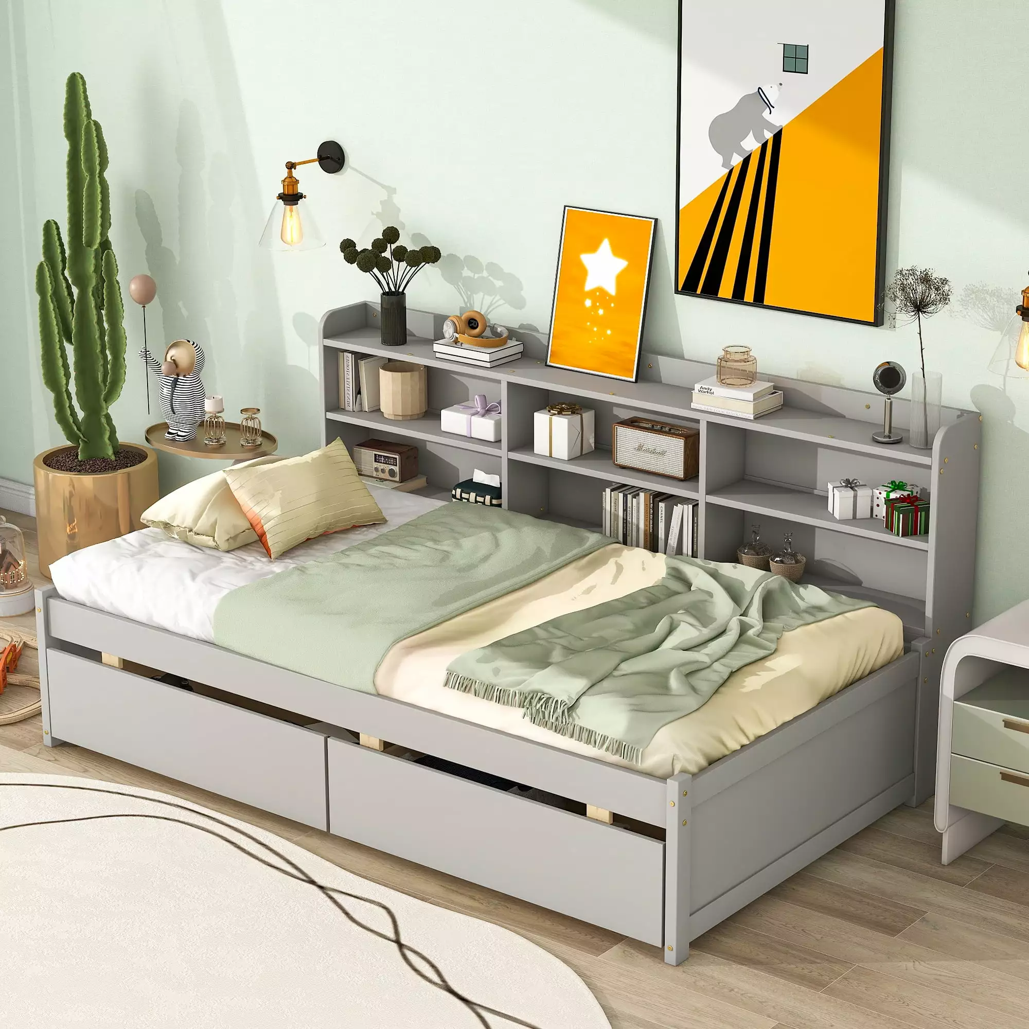 Bellemave Twin Size Platform Bed Bookcases and Drawers Space Saving Twin Storage Platform Bed Frame Built- Shelves Kids Te...