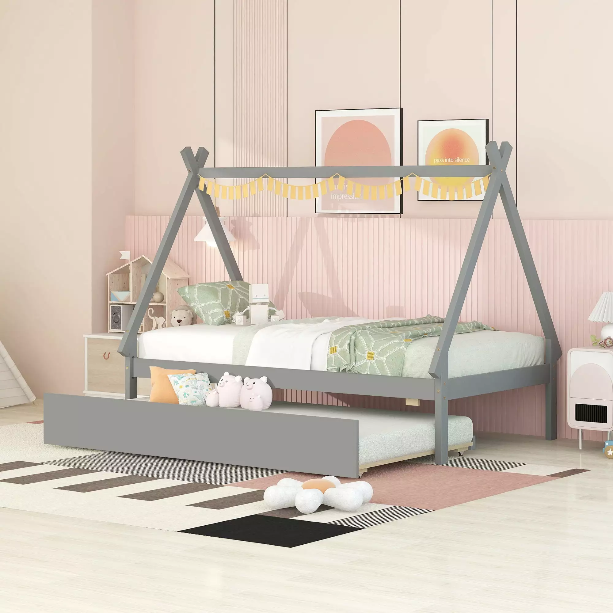 Bellemave Twin Size Tent-shaped Platform Bed Trundle Wooden Teepee Bed Triangle Structure Tent Bed Frame Kids Junior Boys ...