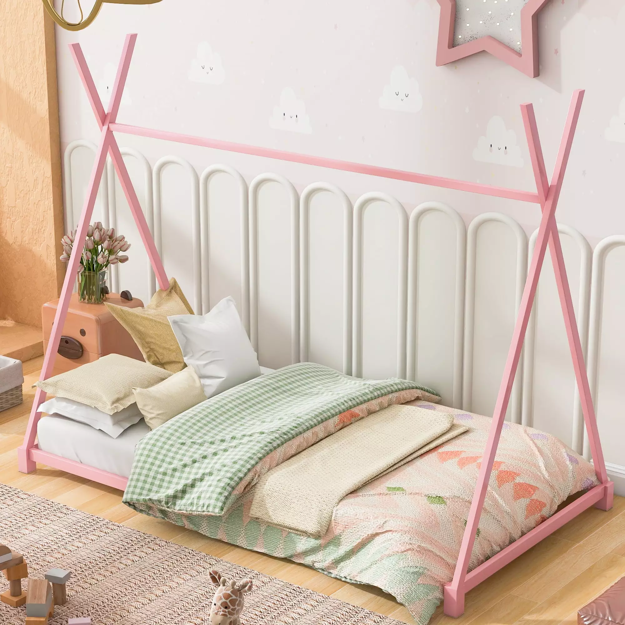 CITYLE Twin Houtilize Bed Roof Kids Toddlers Teens Metal Houtilize Bed Frame Metal Slats Kids Twin Bed No Box Spring Neede...