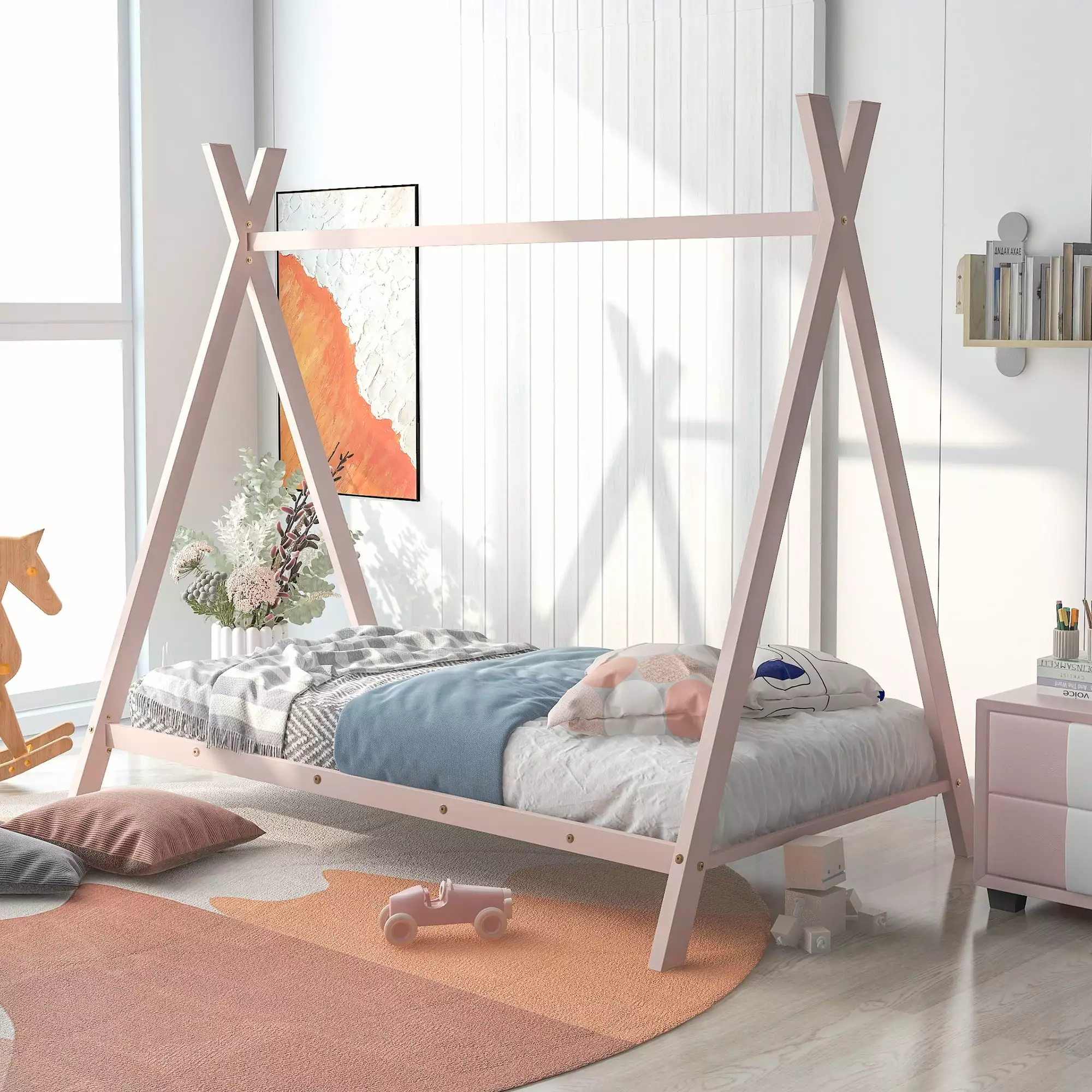 CITYLE Twin Houtilize Bed Roof Kids Teens Pink Metal Frame