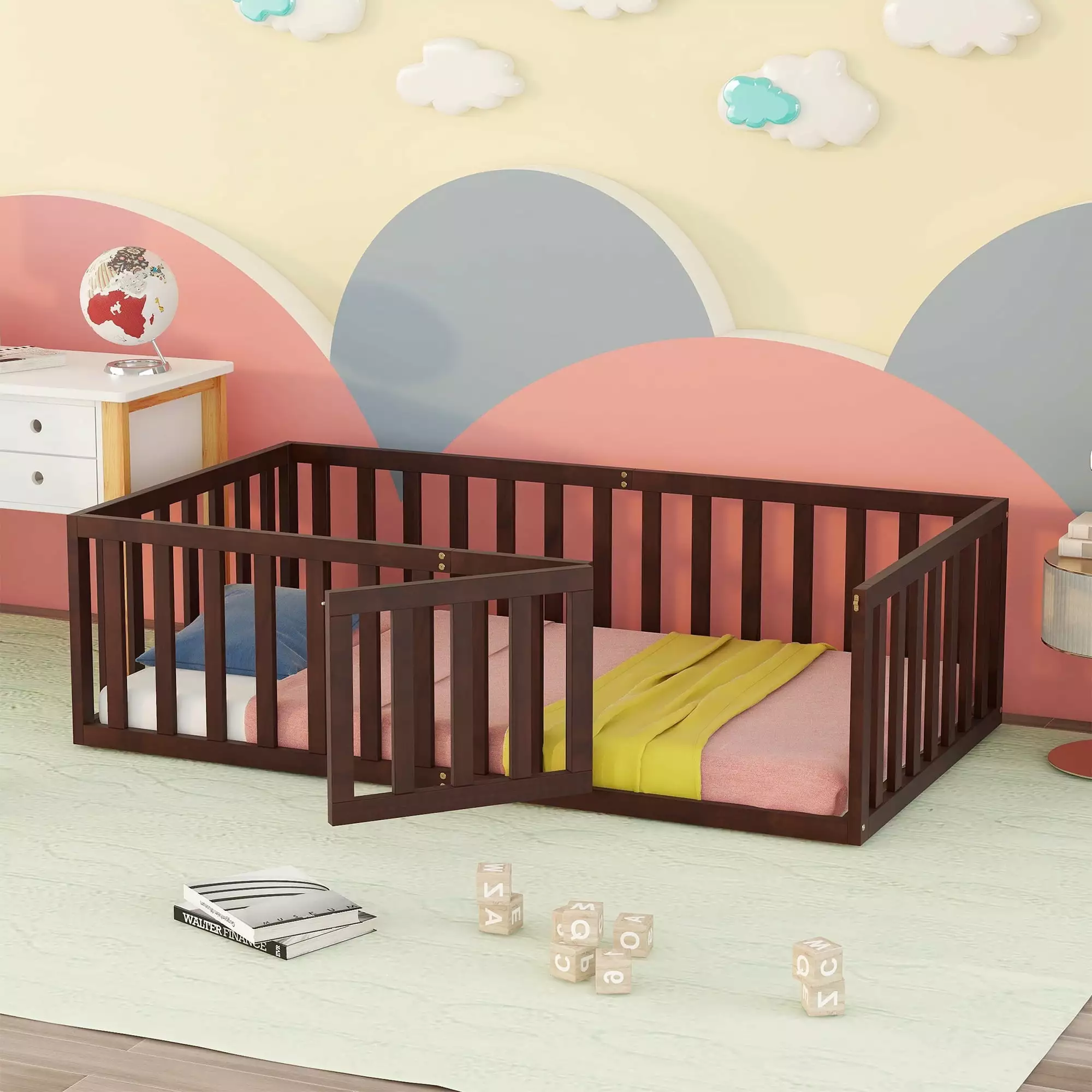 iRerts Twin Floor Bed Frame Kids Toddlers Wood Montessori Low Floor Twin Size Bed Frame Fence Guardrail and Door Kids Twin...
