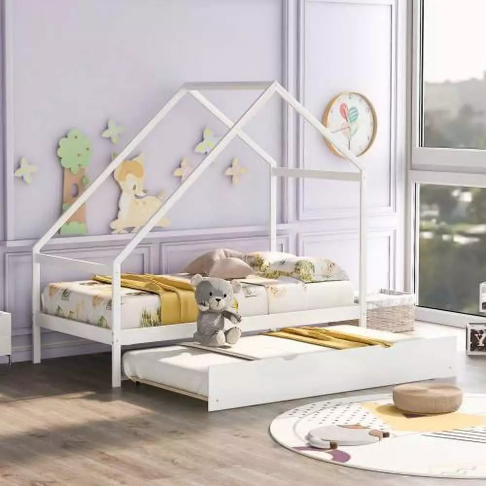 JINS&VICO Twin Size Wooden Houtilize Bed Twin Size Trundle Kids Bedroom White No Box Spring Needed JINS & VICO
