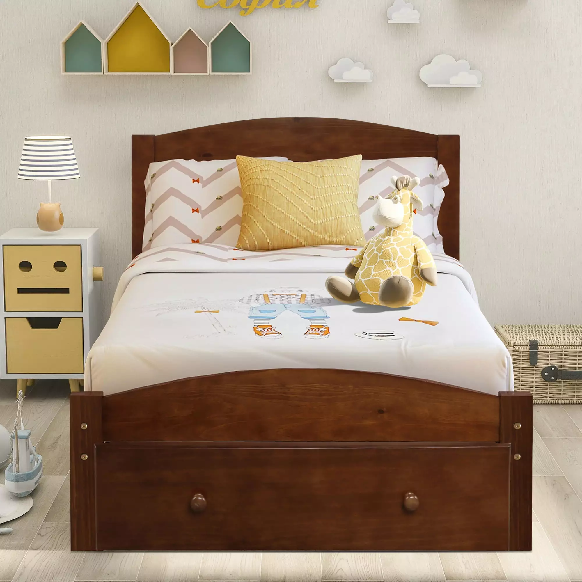 Twin Bed Frame Kids Solid Wood Platform Bed Storage Drawer Headboard Footboard Strong Wood Slat Support Walnut LegaHome