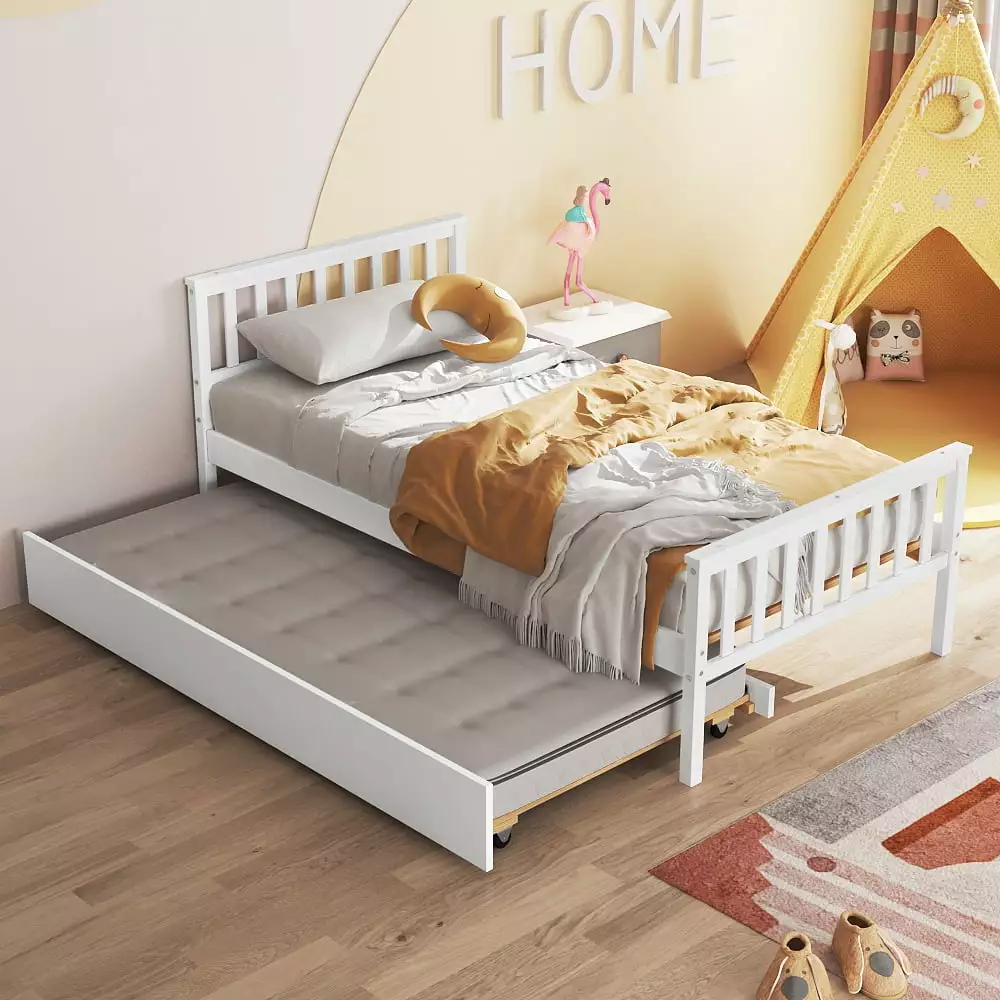 PAPROOS Solid Wood Twin Size Platform Bed Headboard Footboard and Trundle White