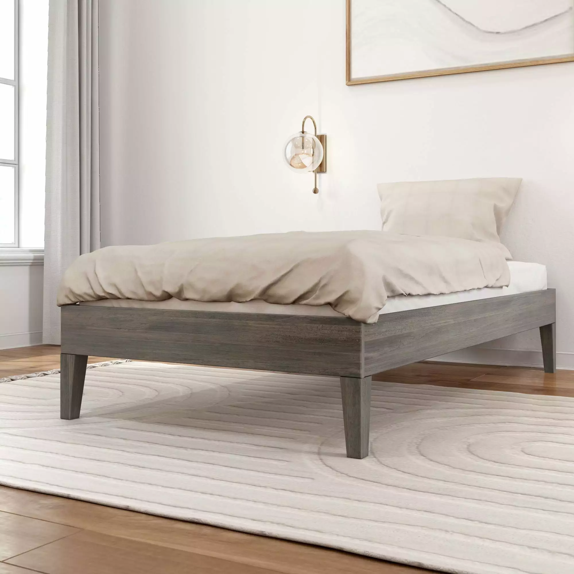 Plank+Beam Twin Bed Frame Solid Wood Adults Platform Bed Wooden Slats Driftwood Plank Beam