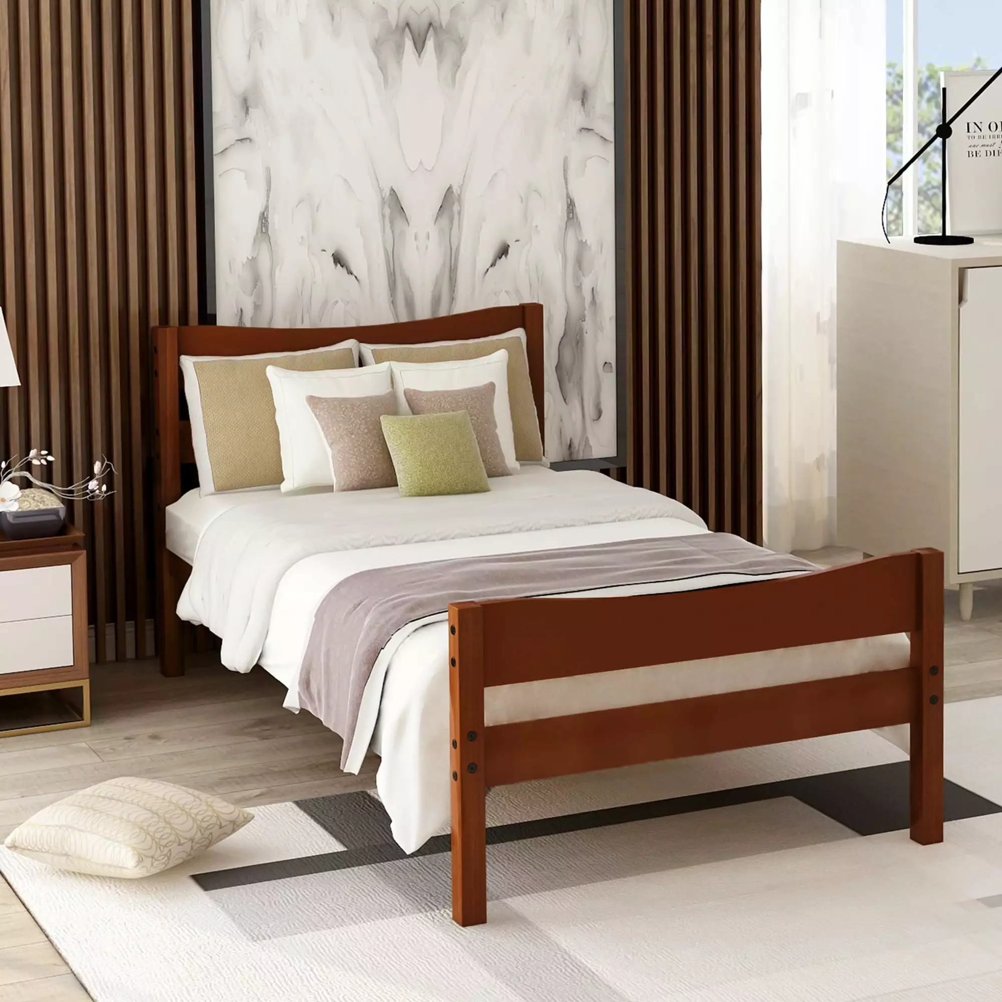 Spaco Twin Bed Frame Headboard Kids and Adults Walnut Wood Platform Bed