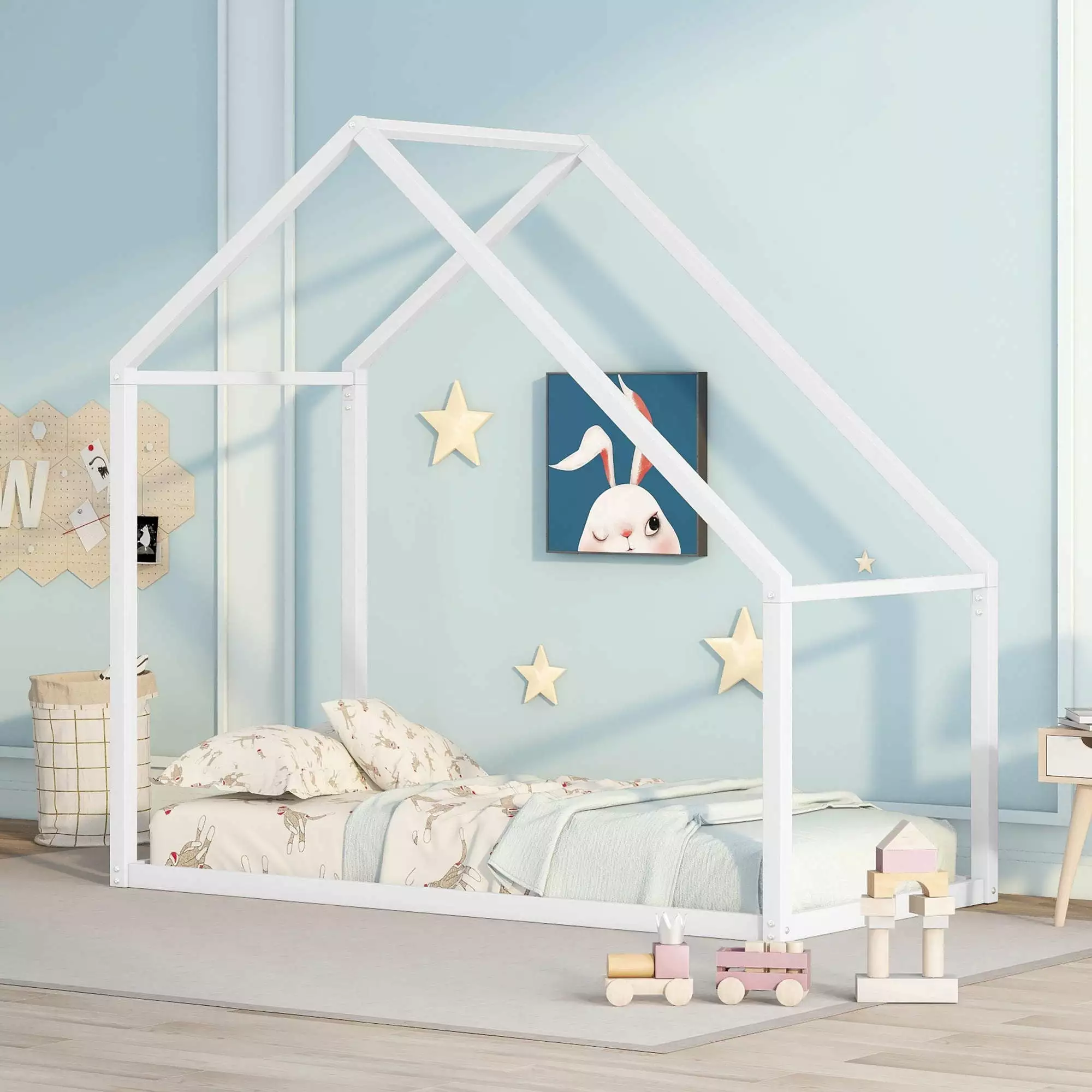 Twin Size Houtilize Tent Metal Bed Frame - Floor Play Bed Slat Support - Montessori Canopy Bed Frame - No Box Spring Neede...