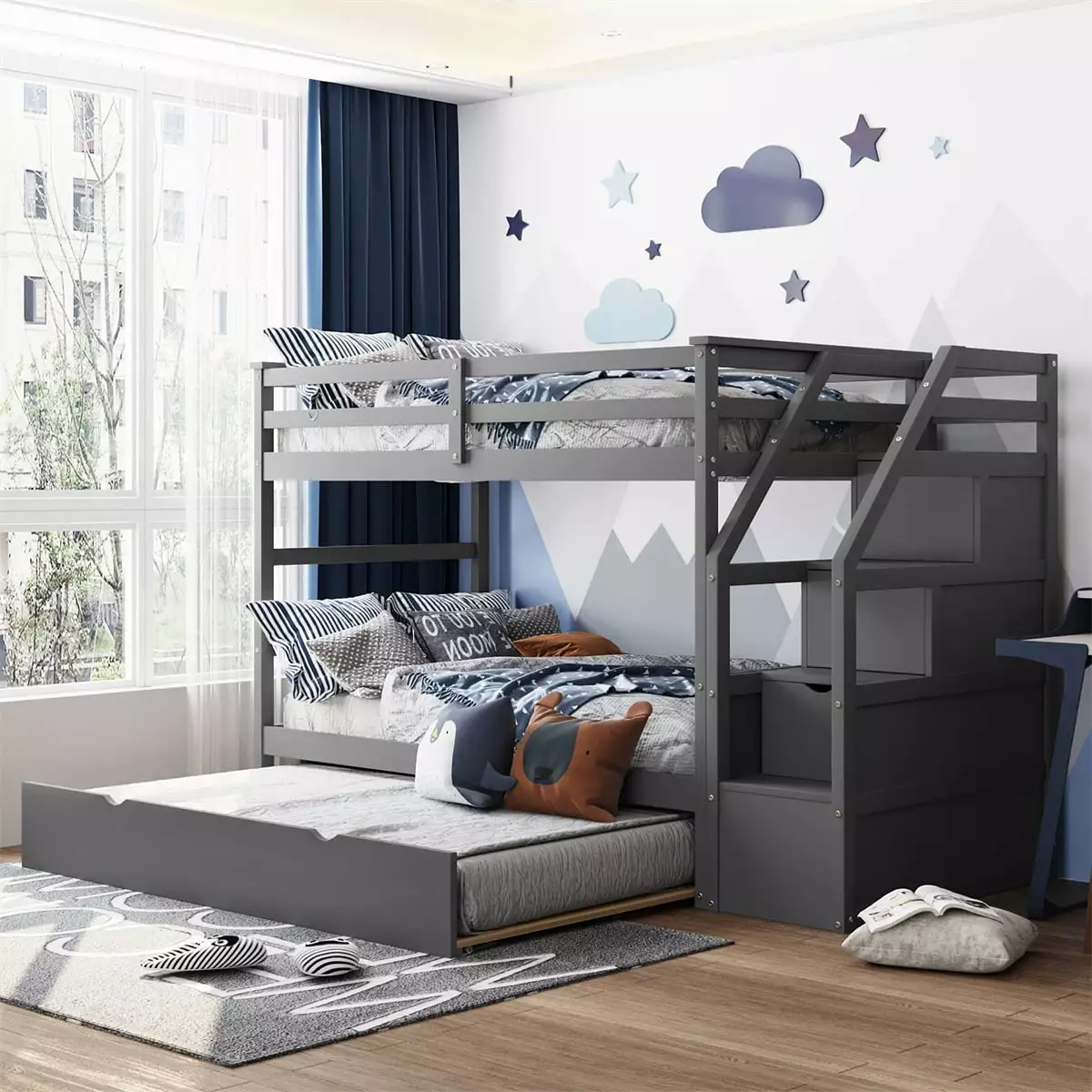 Twin Over Twin Bunk Bed Twin Size Trundle Wood Bunk Bed Frame Guard Rail and 3 Storage Stairs Gray ARCTICSCORPION