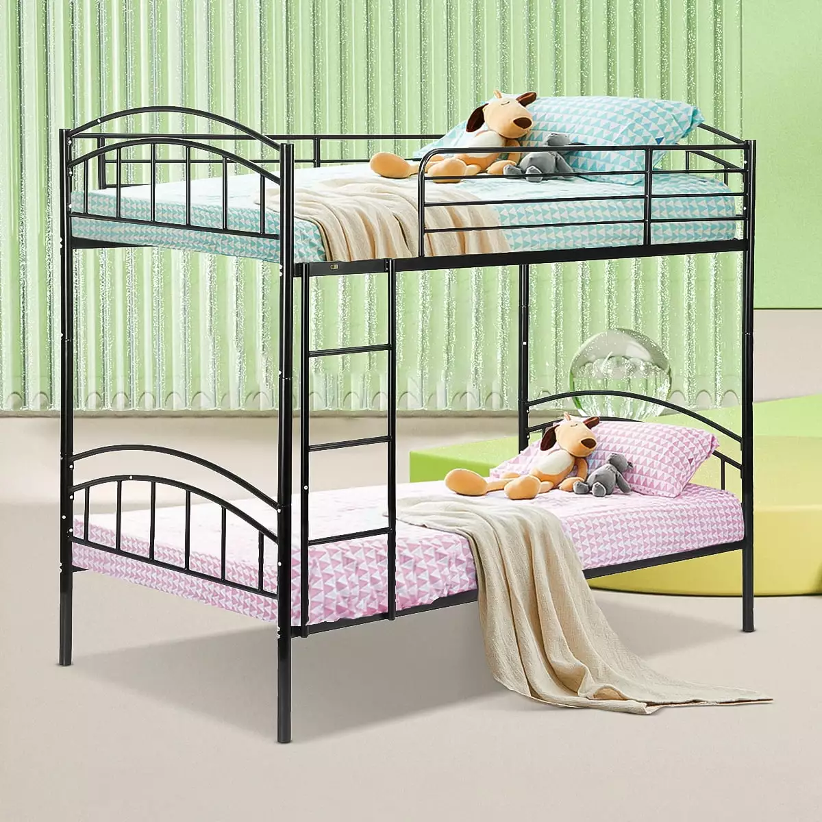 Twin Over Twin Metal Bunk Bed Heavy Duty Convertible Bunk Bed Black KYgoods