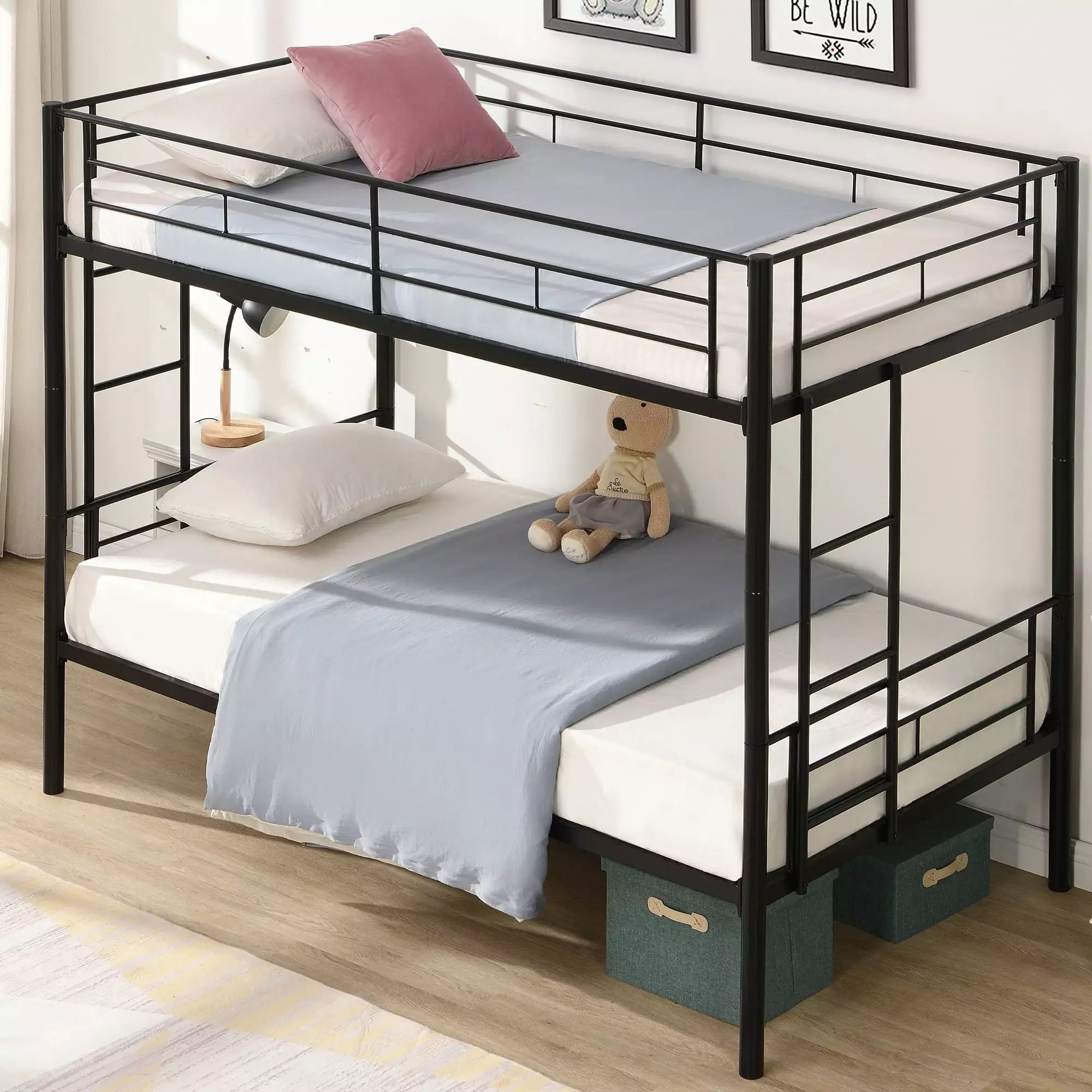 Miniyam Twin Over Twin Metal Bunk Bed 2 Ladders Noise Free Black