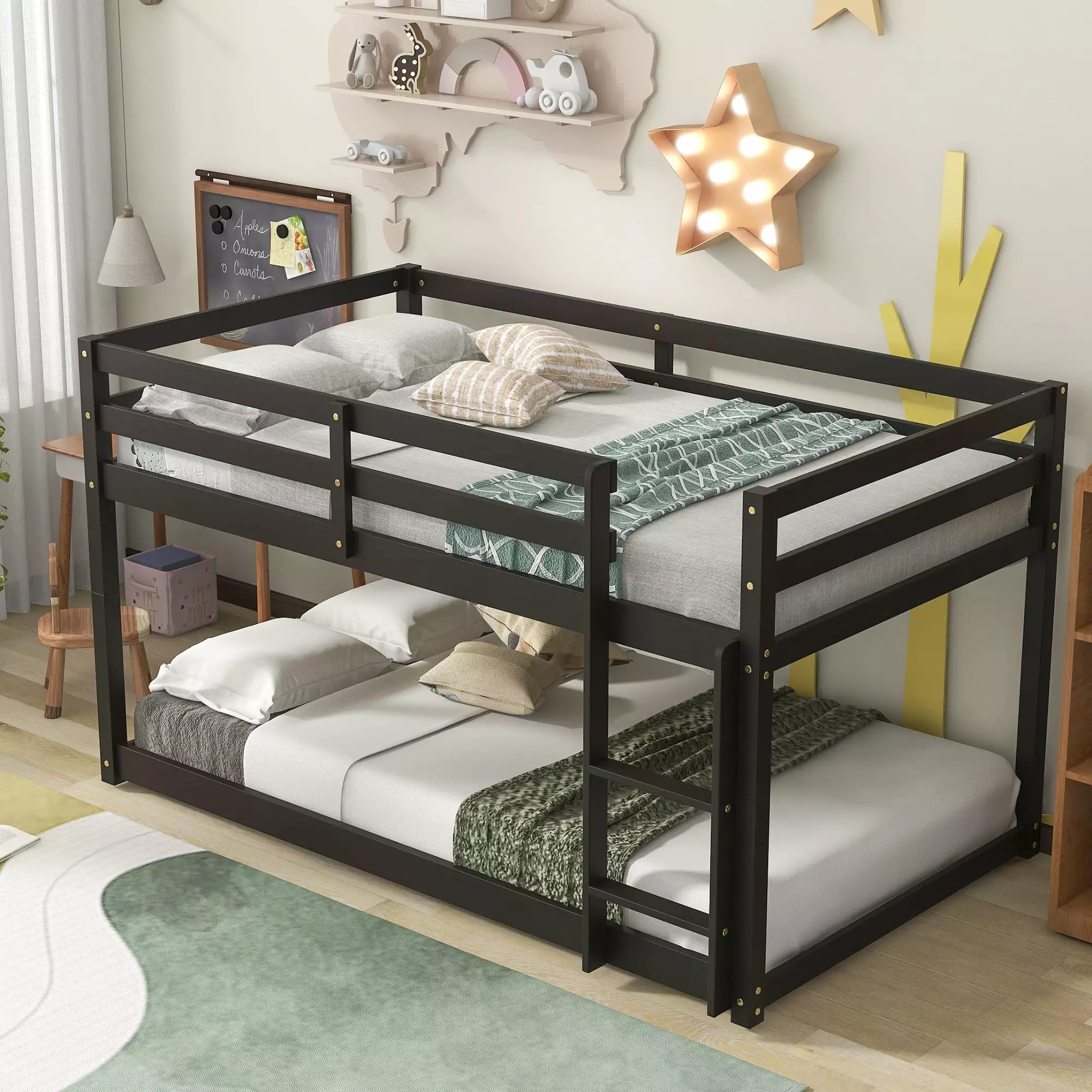 Wooden Bunk Bed Twin Over Twin Floor Bunk Bed Wide Ladder and Full Guardrail Espresso Sesslife