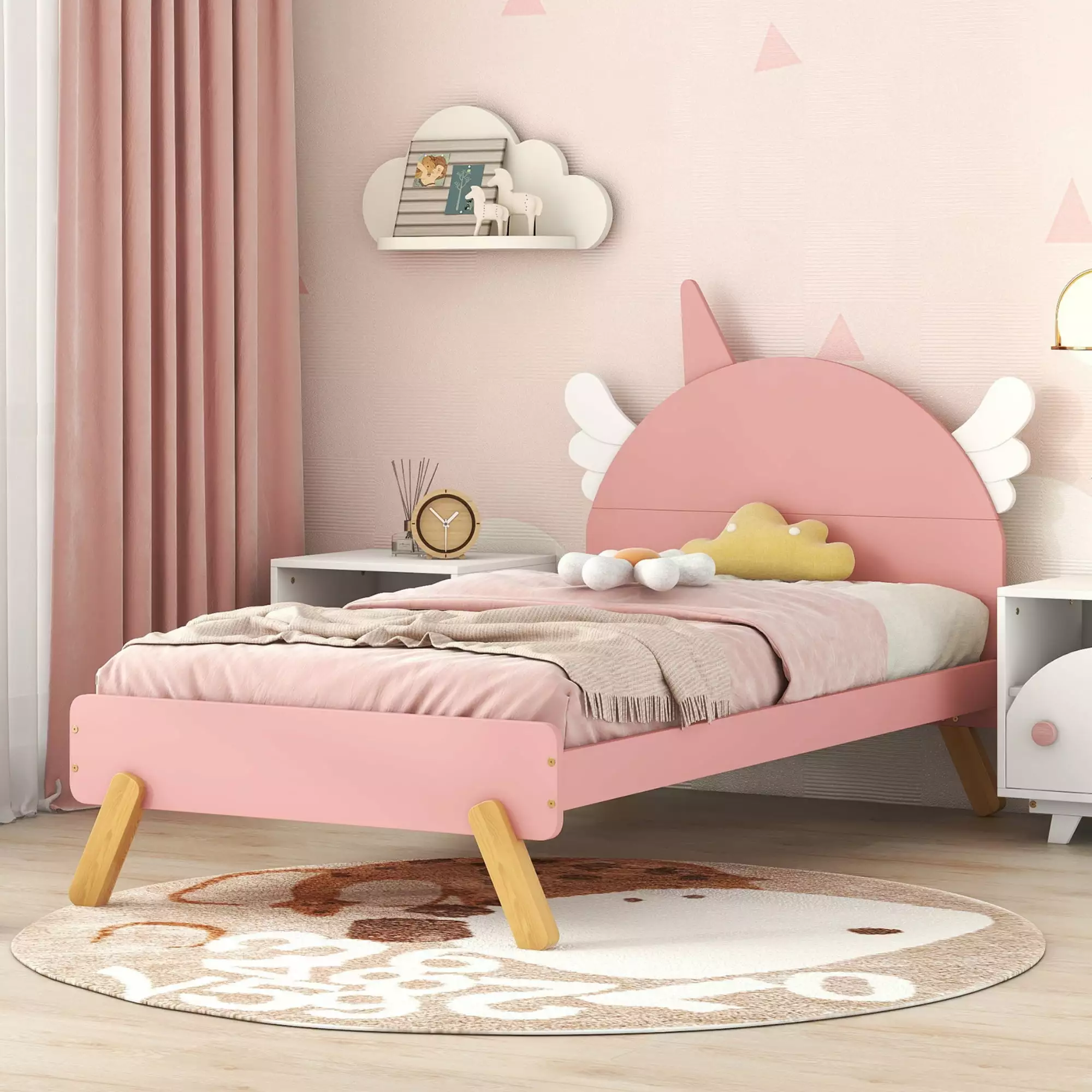 Euroco Twin Size Unicorn Platform Bed Hidden Shelf Kids Pink Cute Design