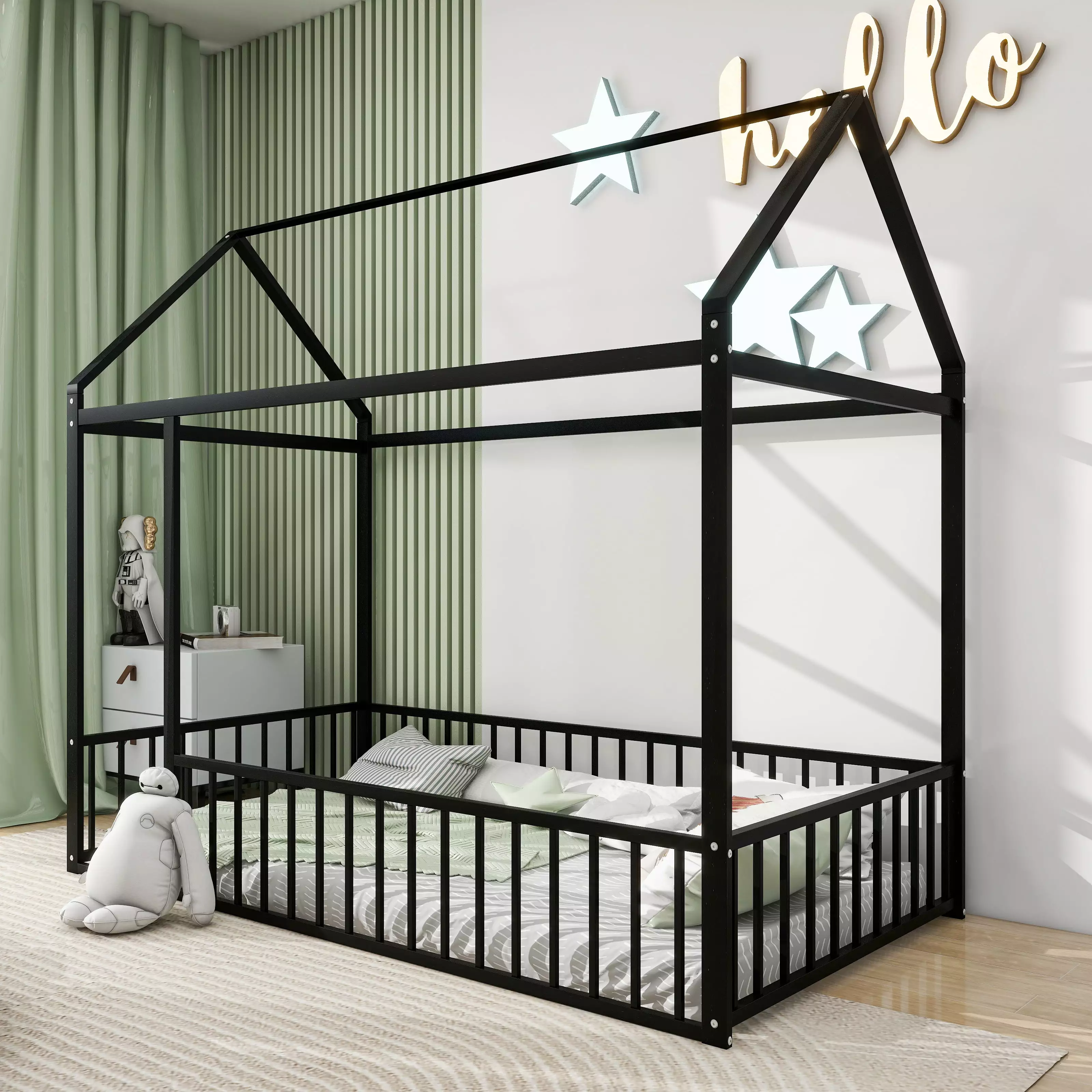 iRerts Floor Twin Bed Frame Metal Twin Size Bed Houtilize Roof Frame and Fence Guardrails Kids Black