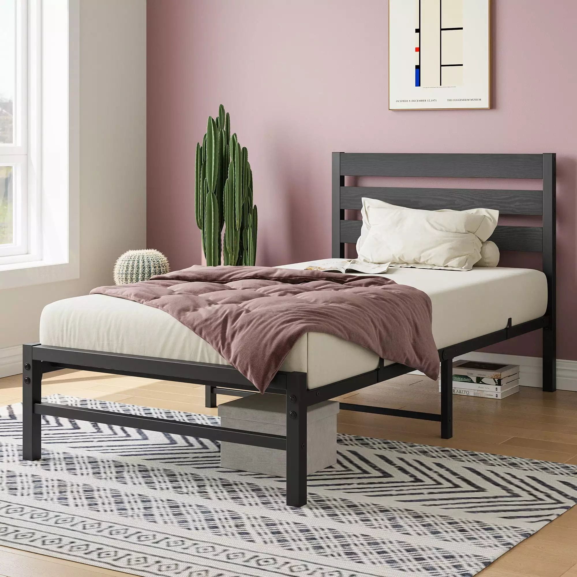 BTMWAY Twin Size Metal Bed Frame Headboard and Footboard Heavy Duty Platform Bed No Box Spring Needed White