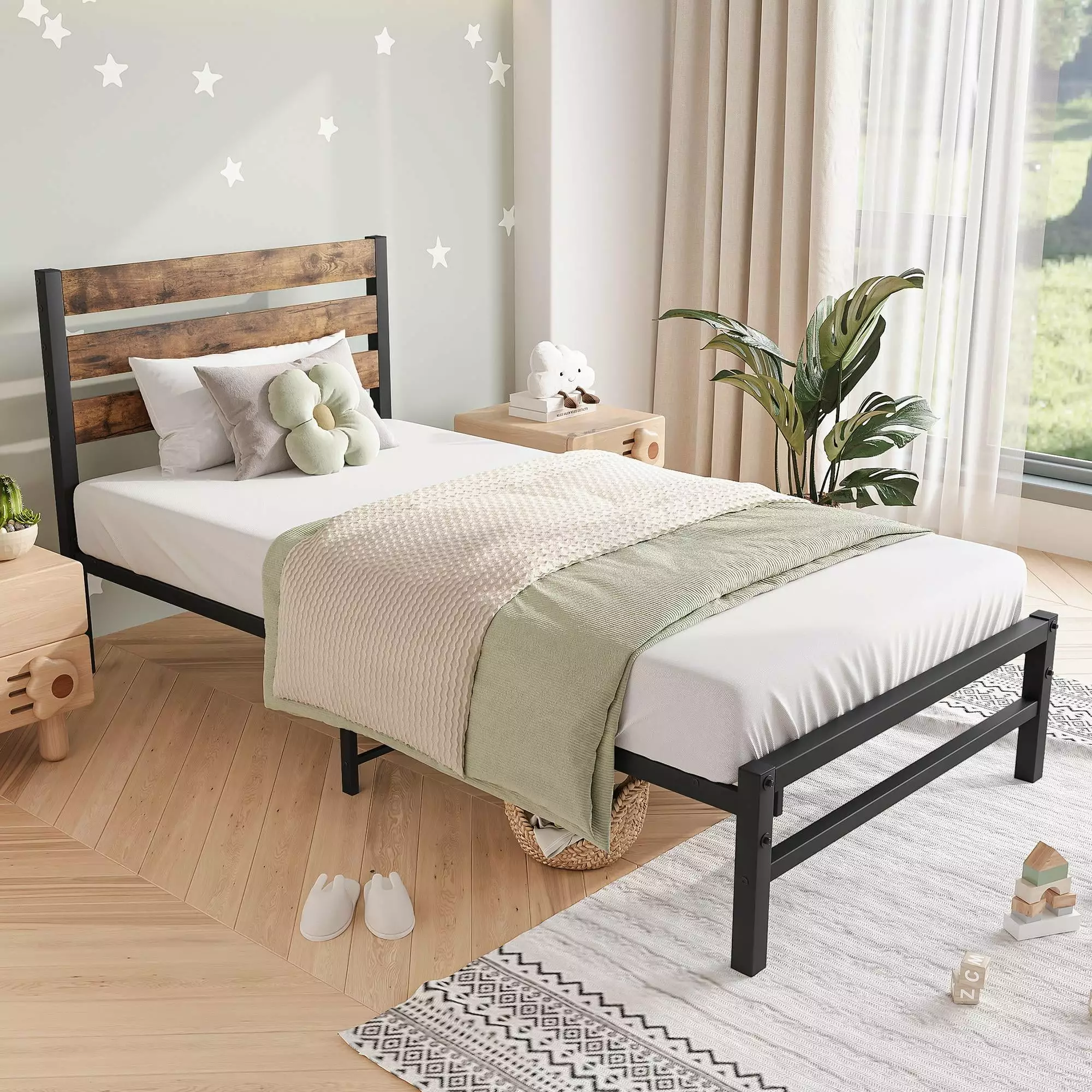 PAPROOS Twin Size Metal Bed Frame Wooden Headboard Heavy Duty Platform Bed No Box Spring Needed Black