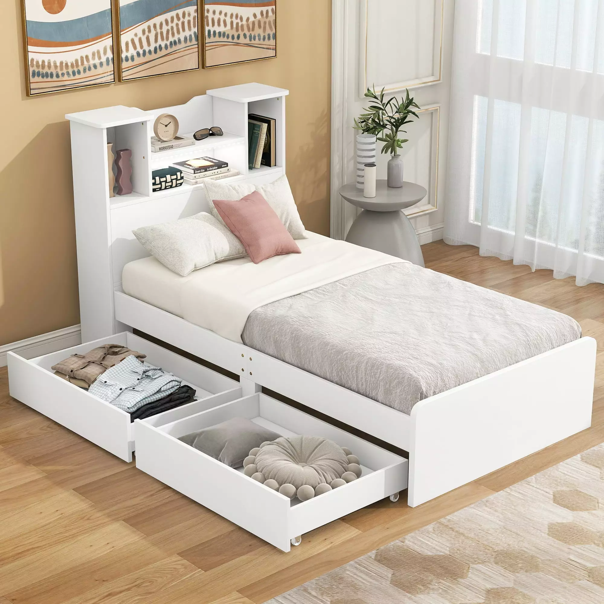 EUROCO Wood Twin Size Platform Bed Storage Headboard and 2 Drawers White LED Light Kids Teens Adults