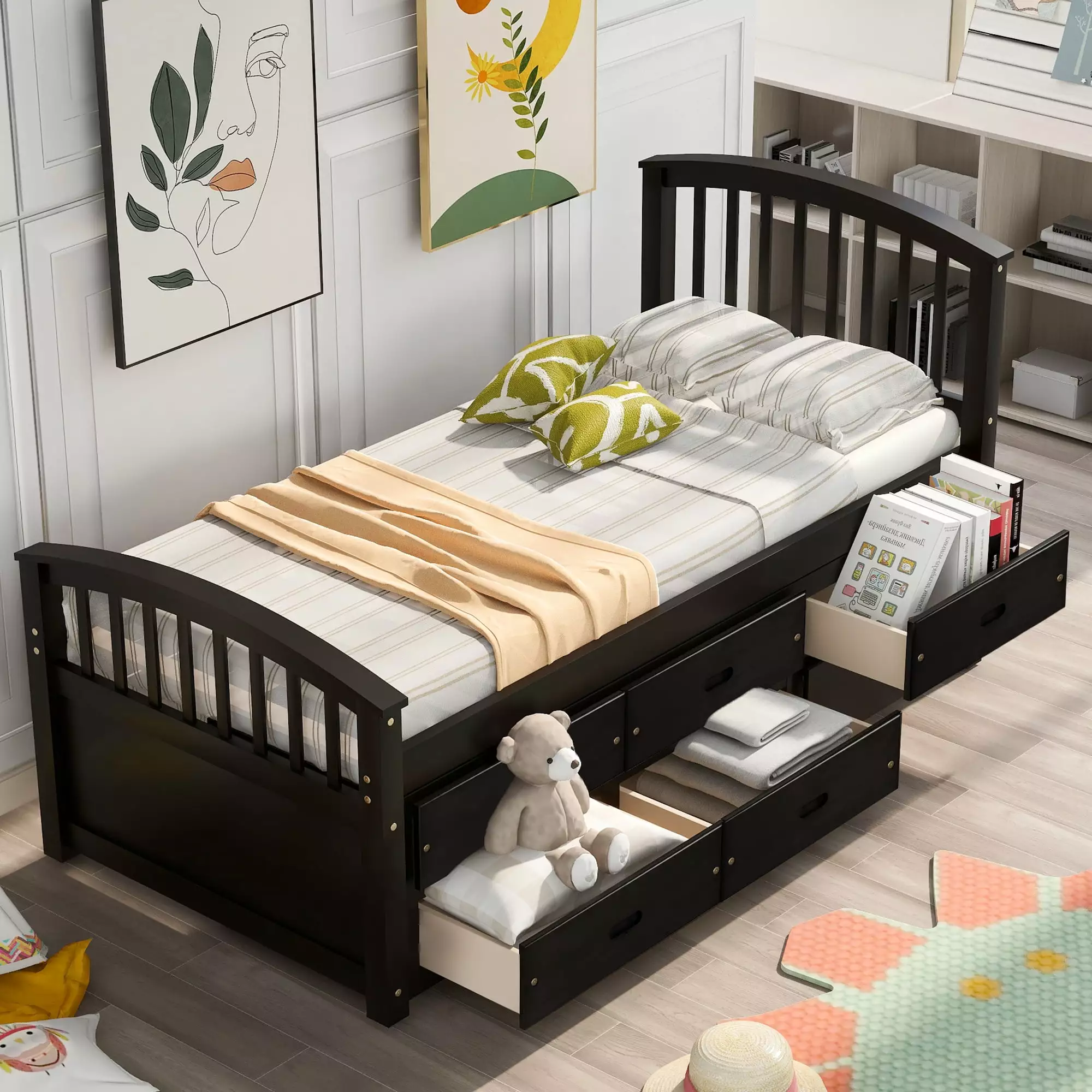 Bellemave Twin Size Storage Bed Frame 6 Drawers Solid Wood Platform Bed Headboard and Footboard Espresso