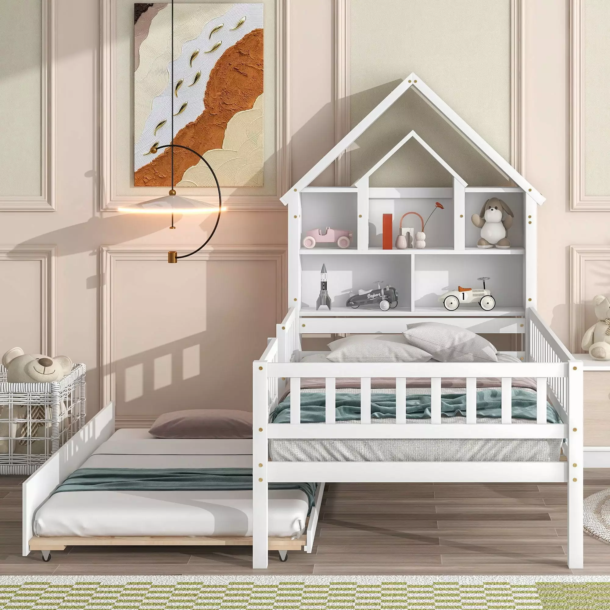 Bellemave Twin Toddler Bed Houtilize Bookcase Headboard and Trundle Wood Bed Safety Rails White