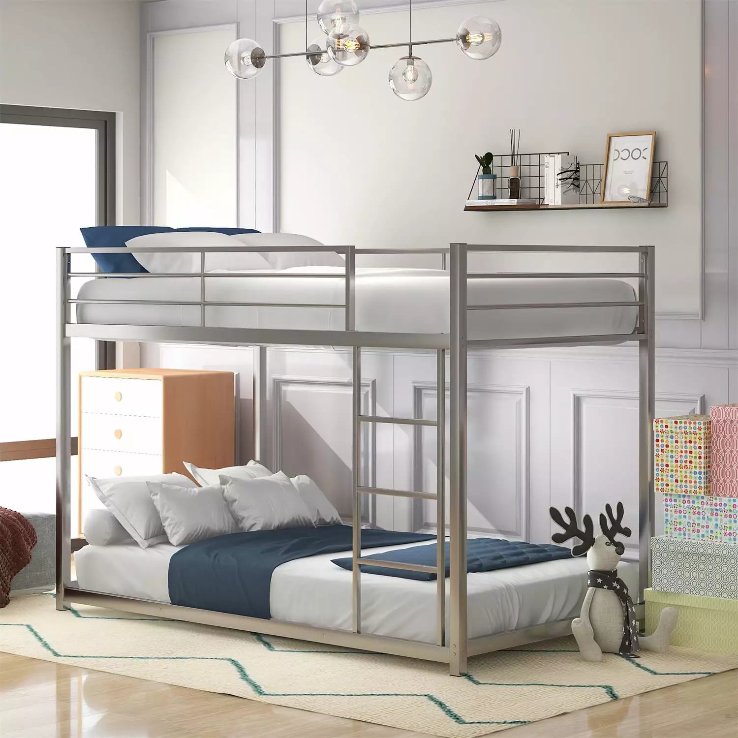 Metal Twin over Twin Bunk Bed Ladder and Full-Length Guardrail Under Bed Storage Silver ARCTICSCORPION