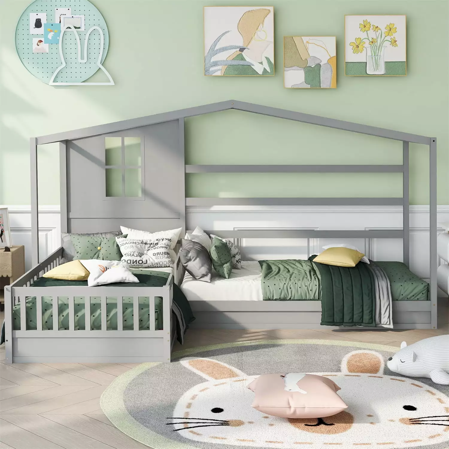 Twin Size Houtilize Platform Bed, L-Shaped Corner Bed Frame Roof and Fence, Montessori Bed Boys Girls Kids Teens, Gray ARC...
