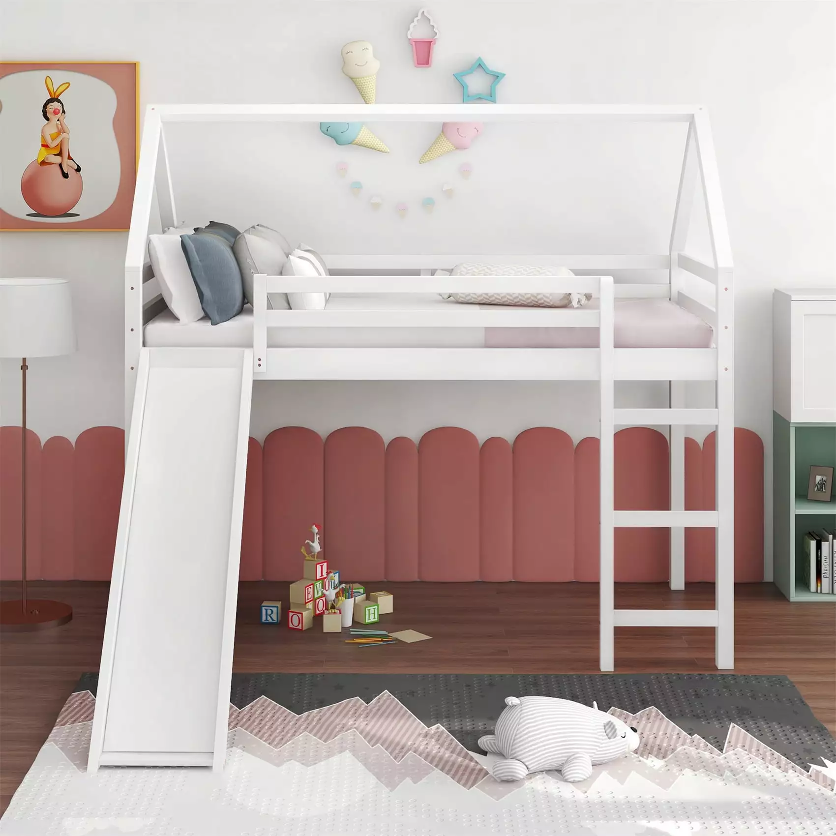 Twin Size Loft Bed Frame Slide Wood Slats Support White Kids ARCTICSCORPION