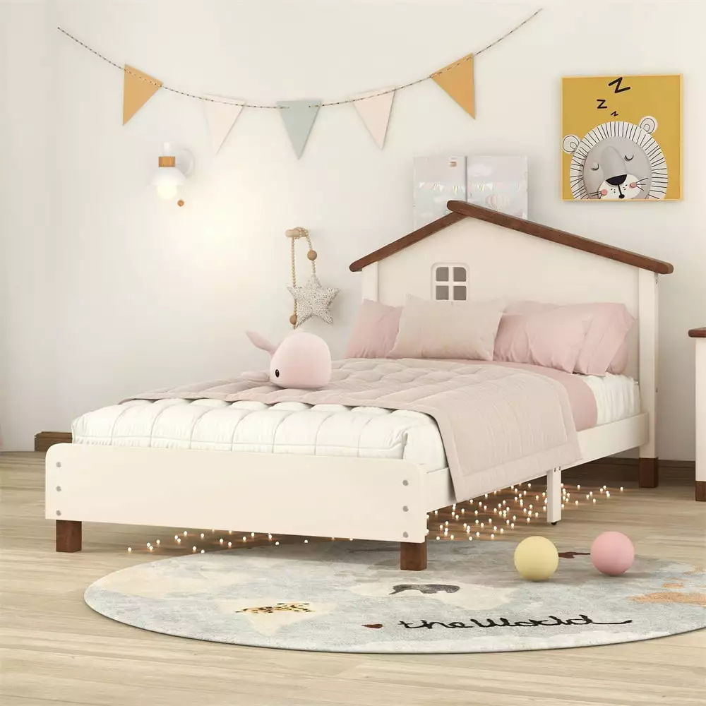 Twin Size Solid Wood Platform Bed Houtilize Headboard - Cream Walnut Finish 10 Slats Support No Box Spring ARCTICSCORPION