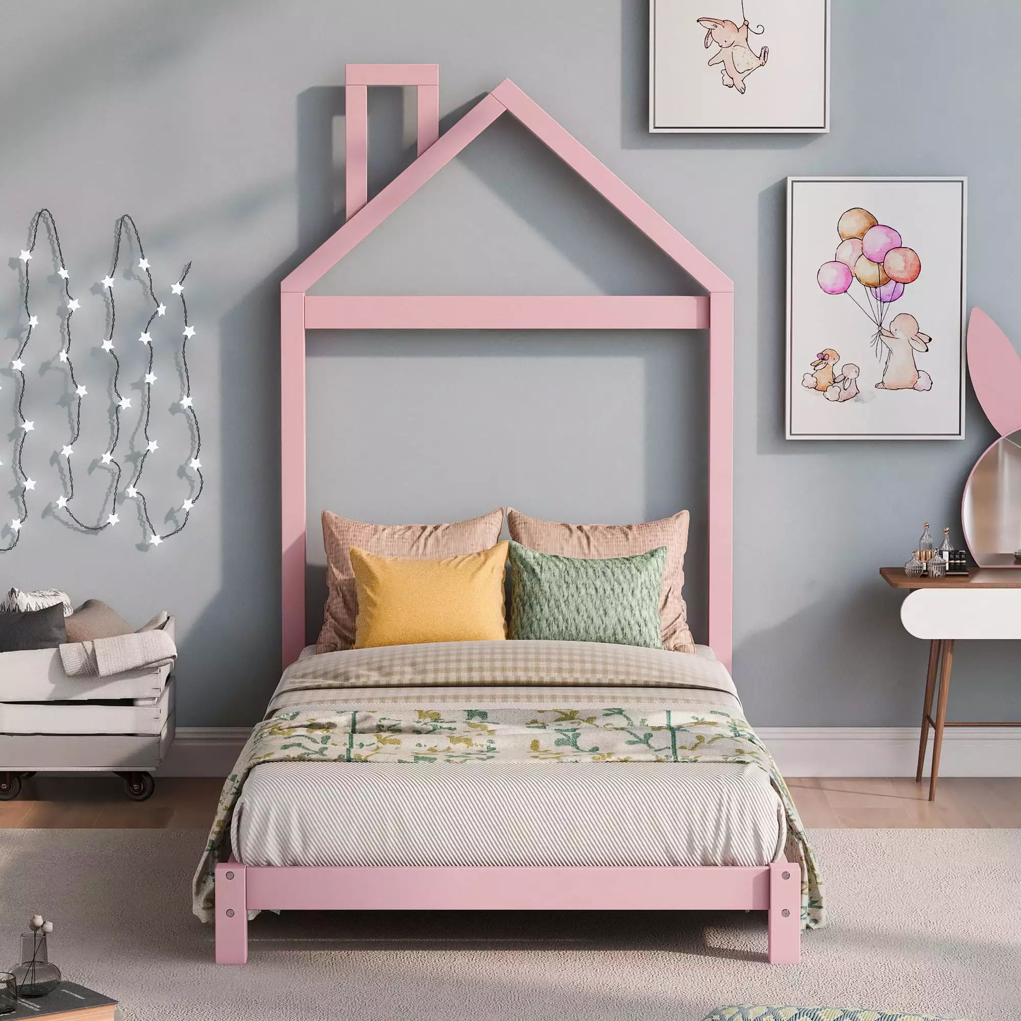 Aukfa Twin Size Houtilize Platform Bed Kids Pink
