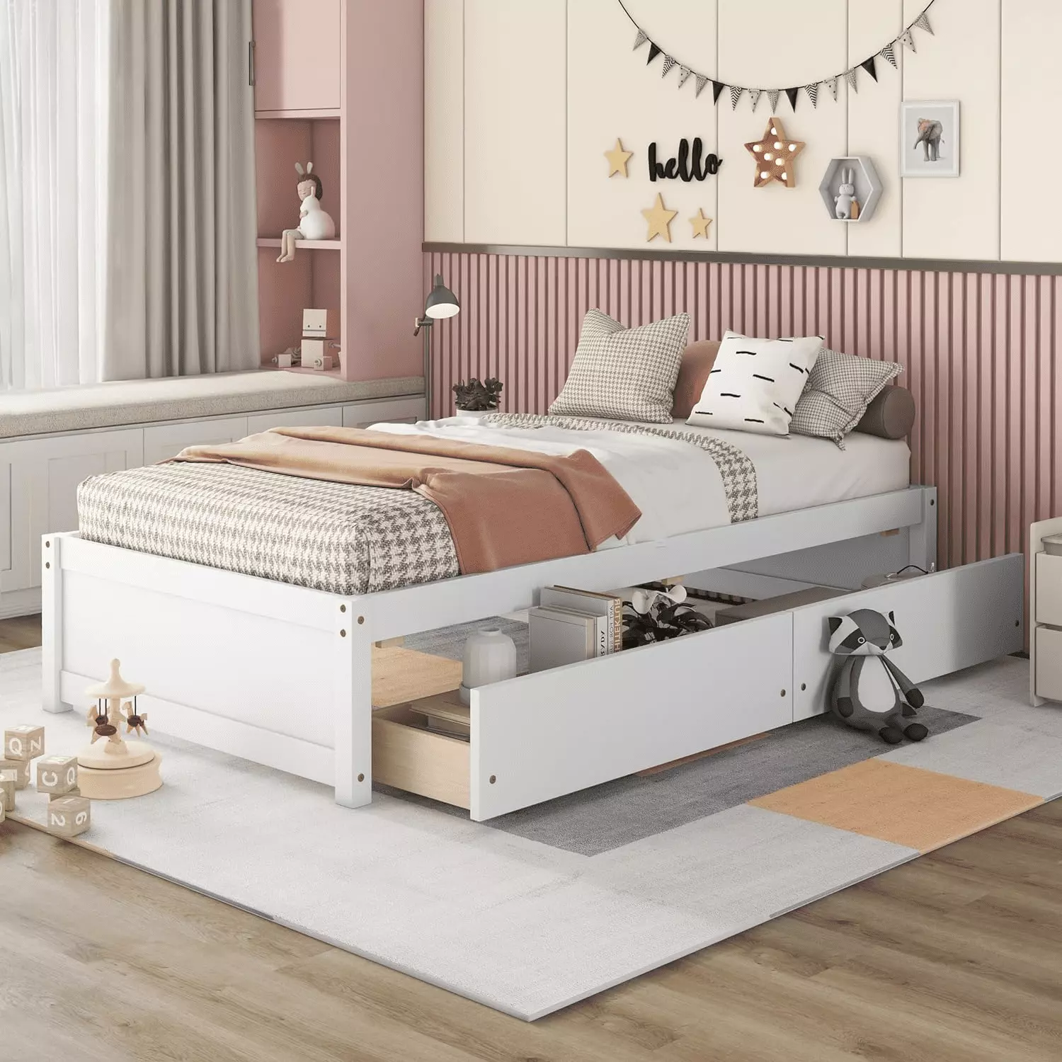 Twin Size Platform Bed Frame 2 Storage Drawers White Bellemave