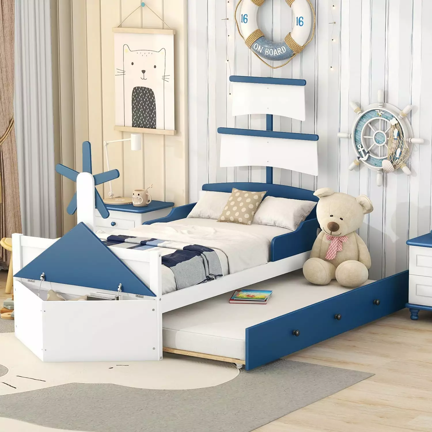 Churanty Kids Twin Bed Trundle and Storage Solid Wood Boat-Shaped Platform Bed Blue
