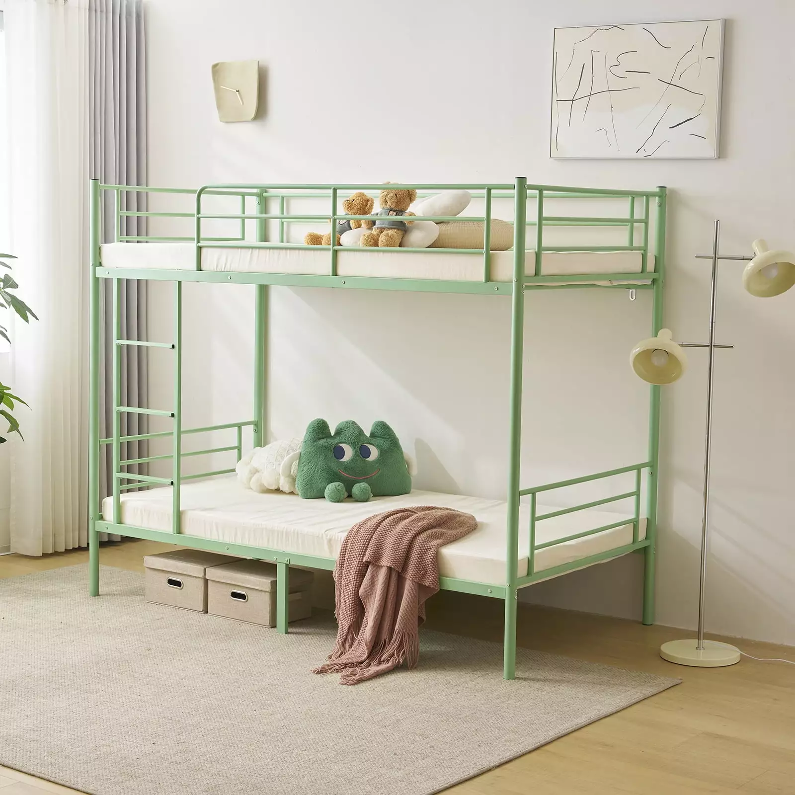 DreamBuck Twin over Twin Metal Bunk Bed Ladder and Safety Guard Rail Low Bunk Bed Green