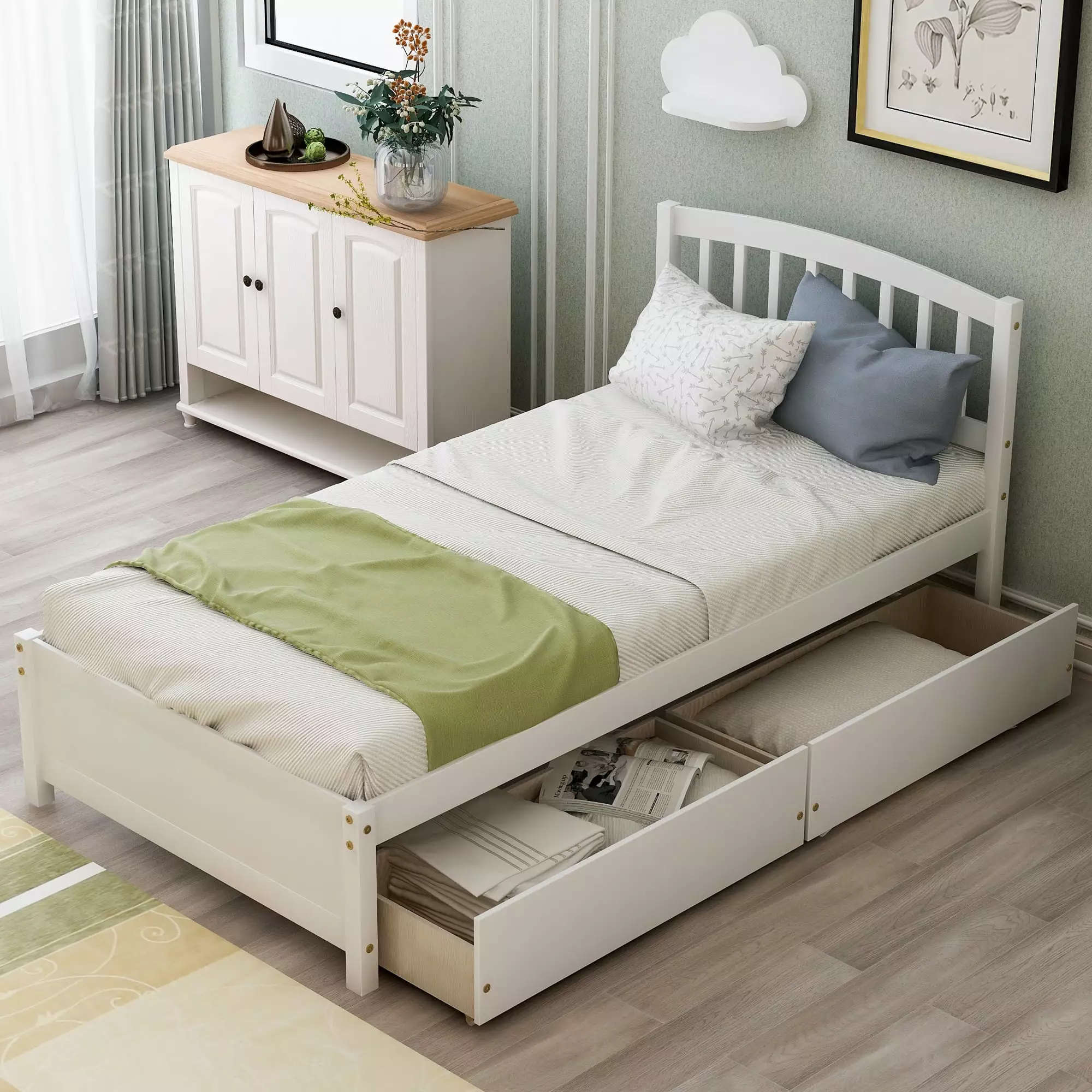 Twin Platform Storage Bed Drawers Headboard Boys Girls Kids Teens Adults White DreamBuck