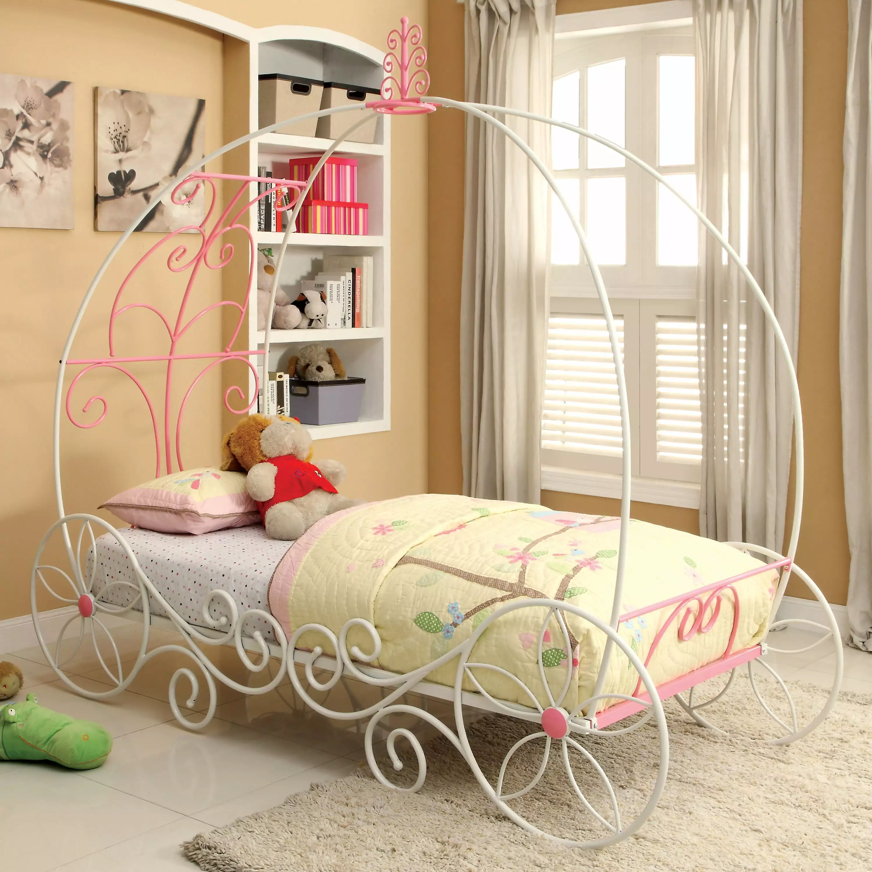 Furniture America Omar Panel Metal Twin Kids Carriage Bed, Pink and White