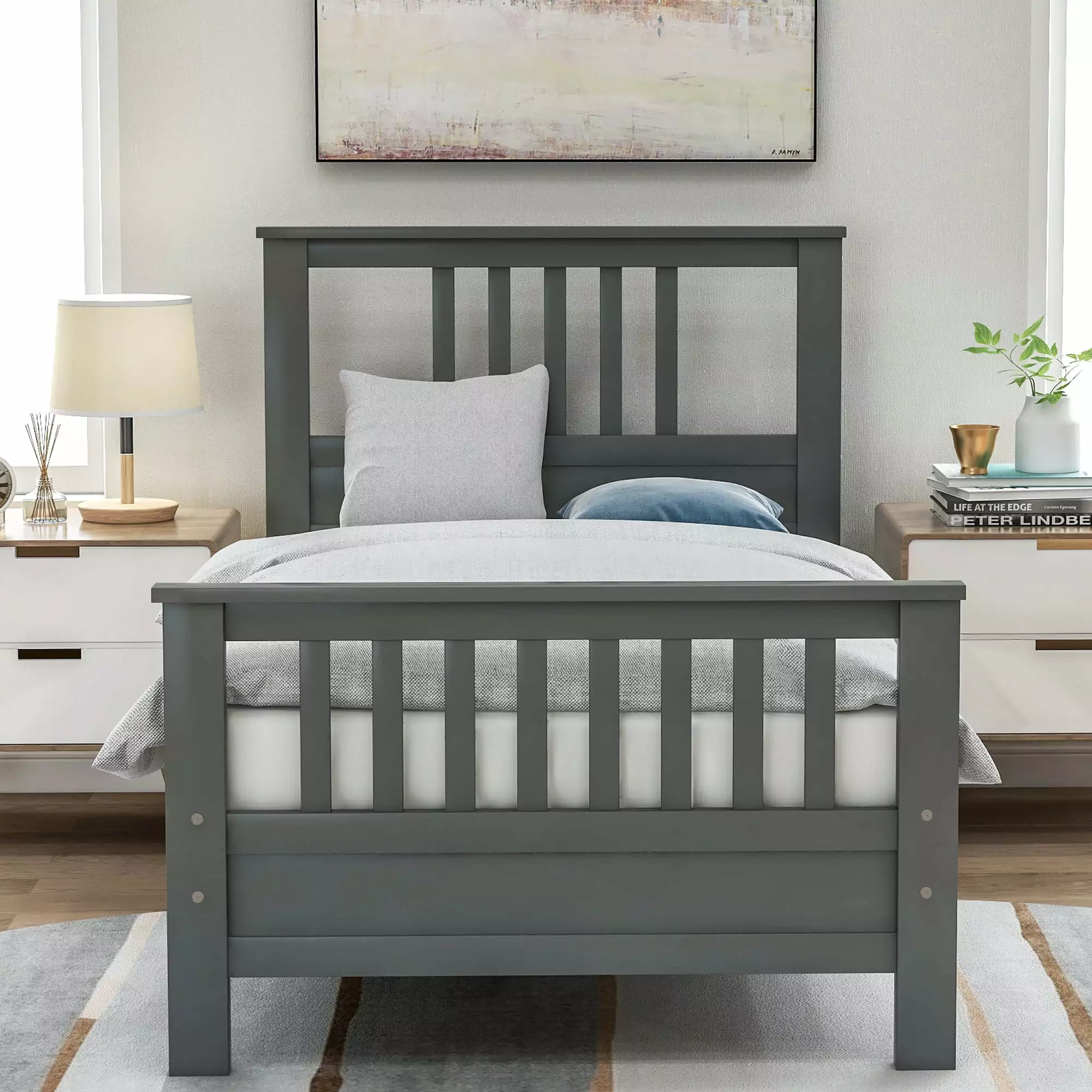 Gewnee Wood Twin Size Platform Bed Frame Headboard and Footboard Gray