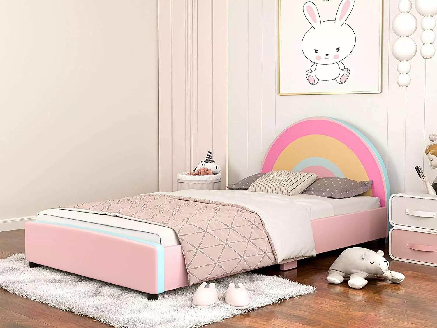 IKIFLY Pink Twin Size Kids Bed Curved Headboard Rainbow Design Platform Bed Frame