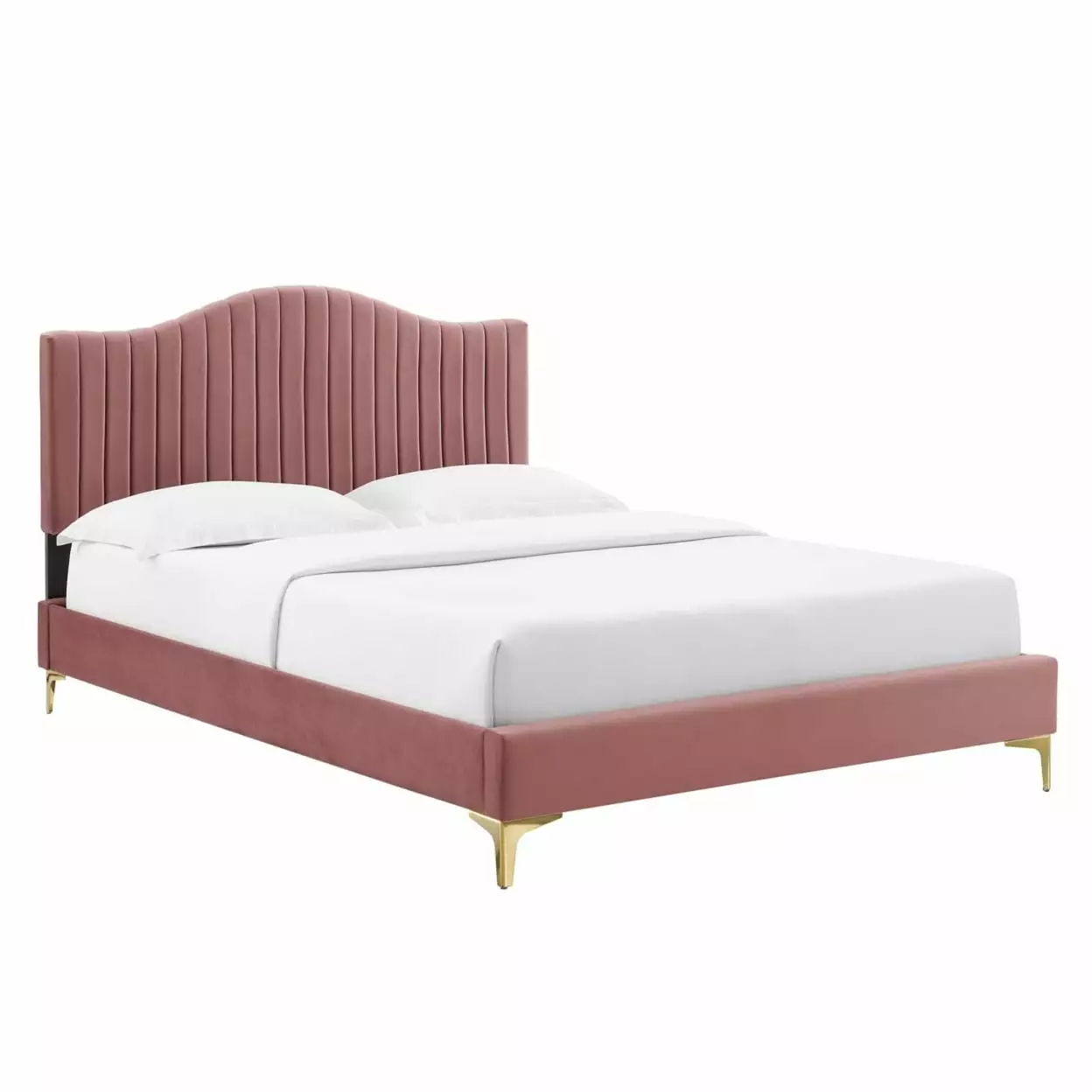 Twin Size Platform Bed Dusty Pink Velvet Camelback Tufted Headboard Modway