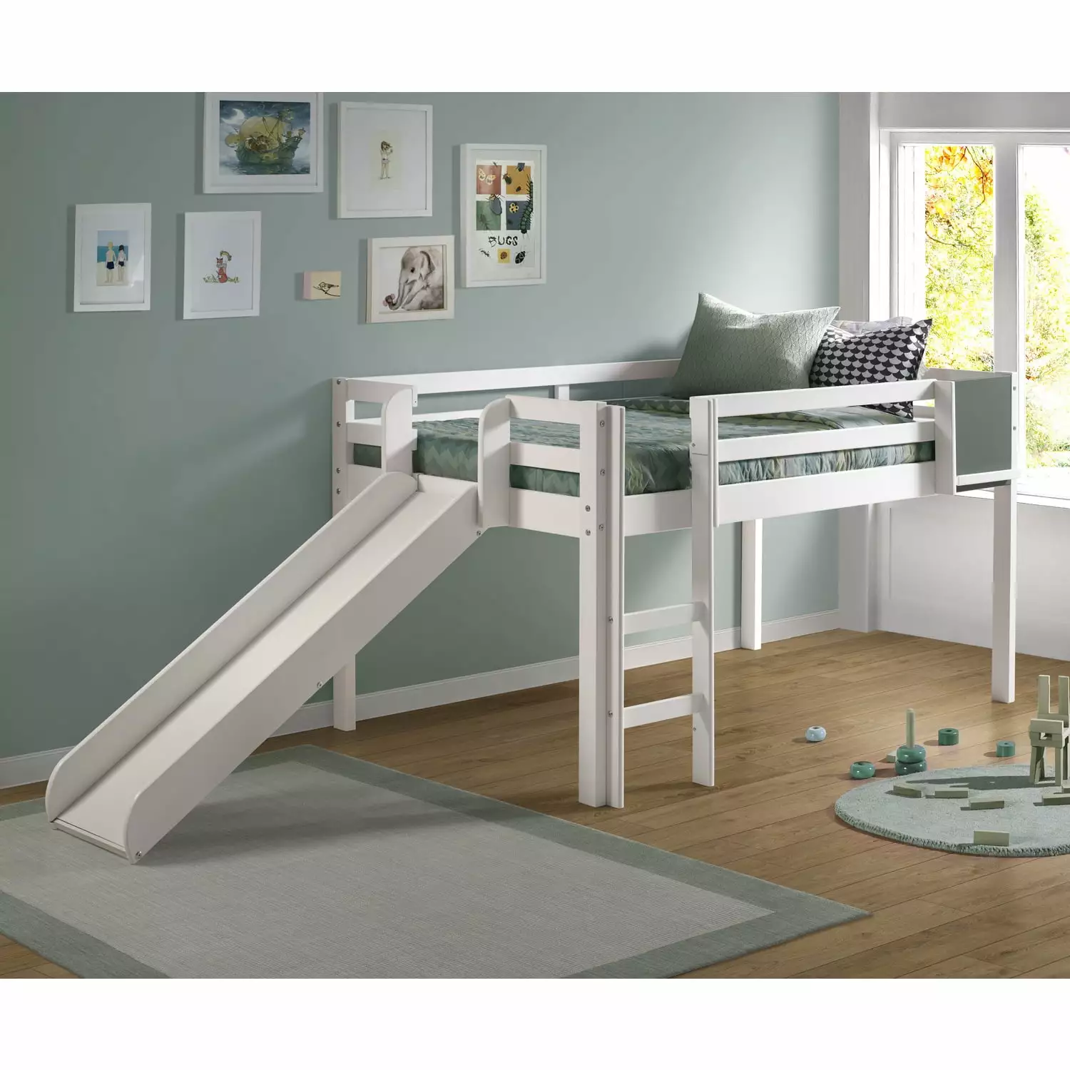 Cindy Twin Size Loft Bed Slide and Ladder Kids Low Loft Bed White Finish Naomi Home