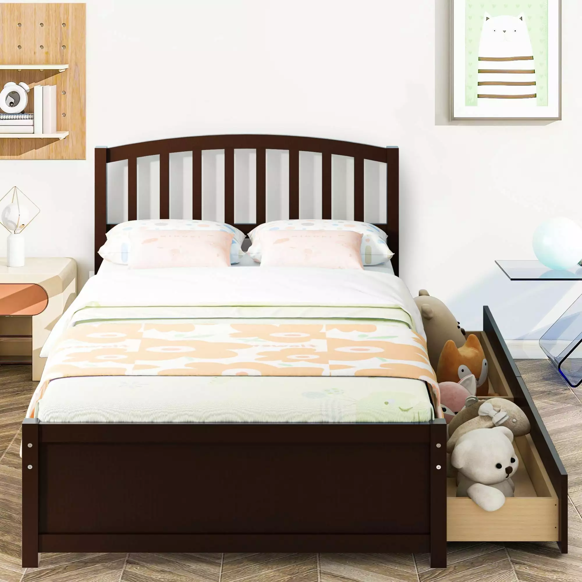 Twin Size Wood Platform Bed 2 Storage Drawers - Espresso Finish No Box Spring Needed Paproos