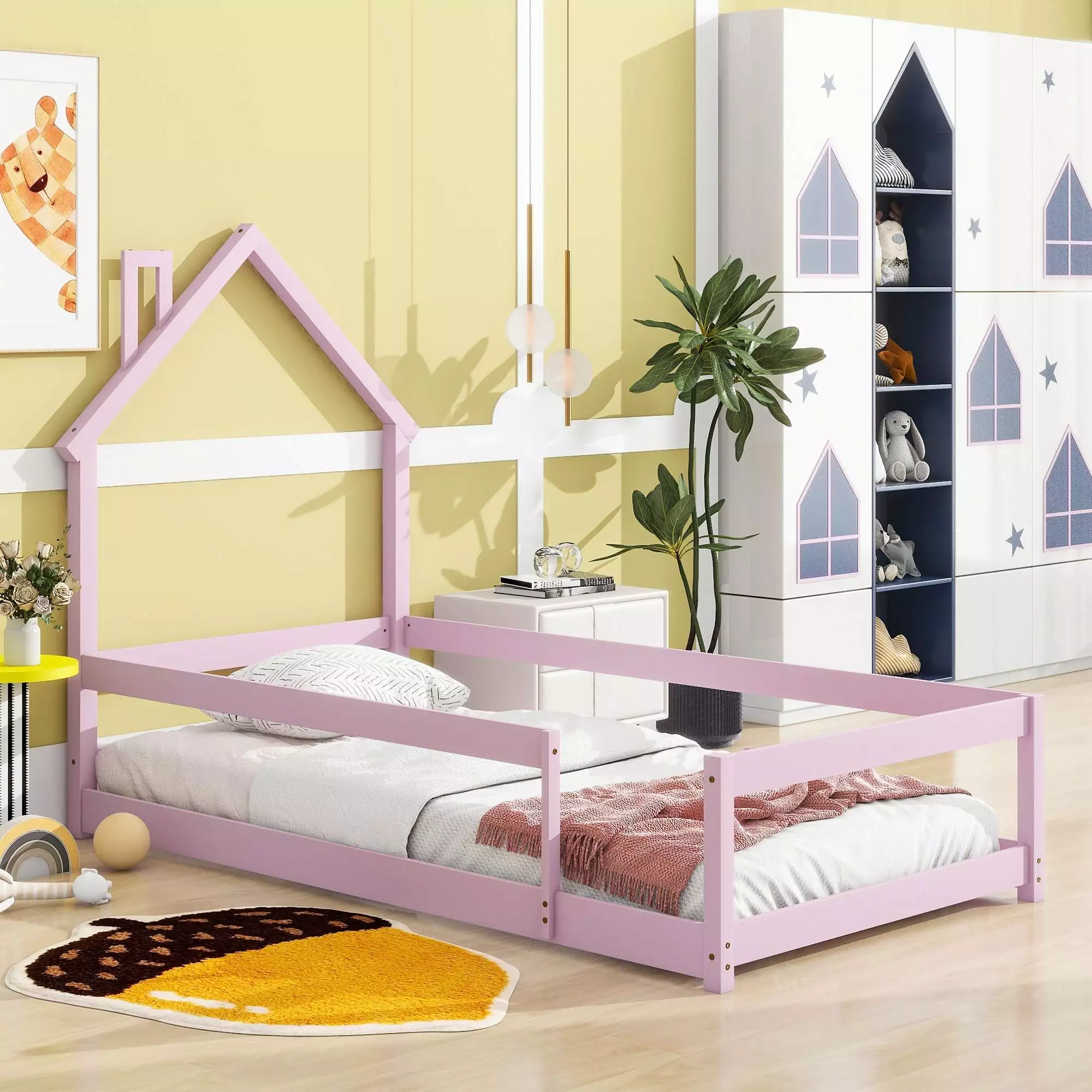 Sesslife Twin Size Floor Bed Frame Kids Protectty Guardrails and Door, Metal Montessori Bed Boys Girls, Box Spring Needed,...