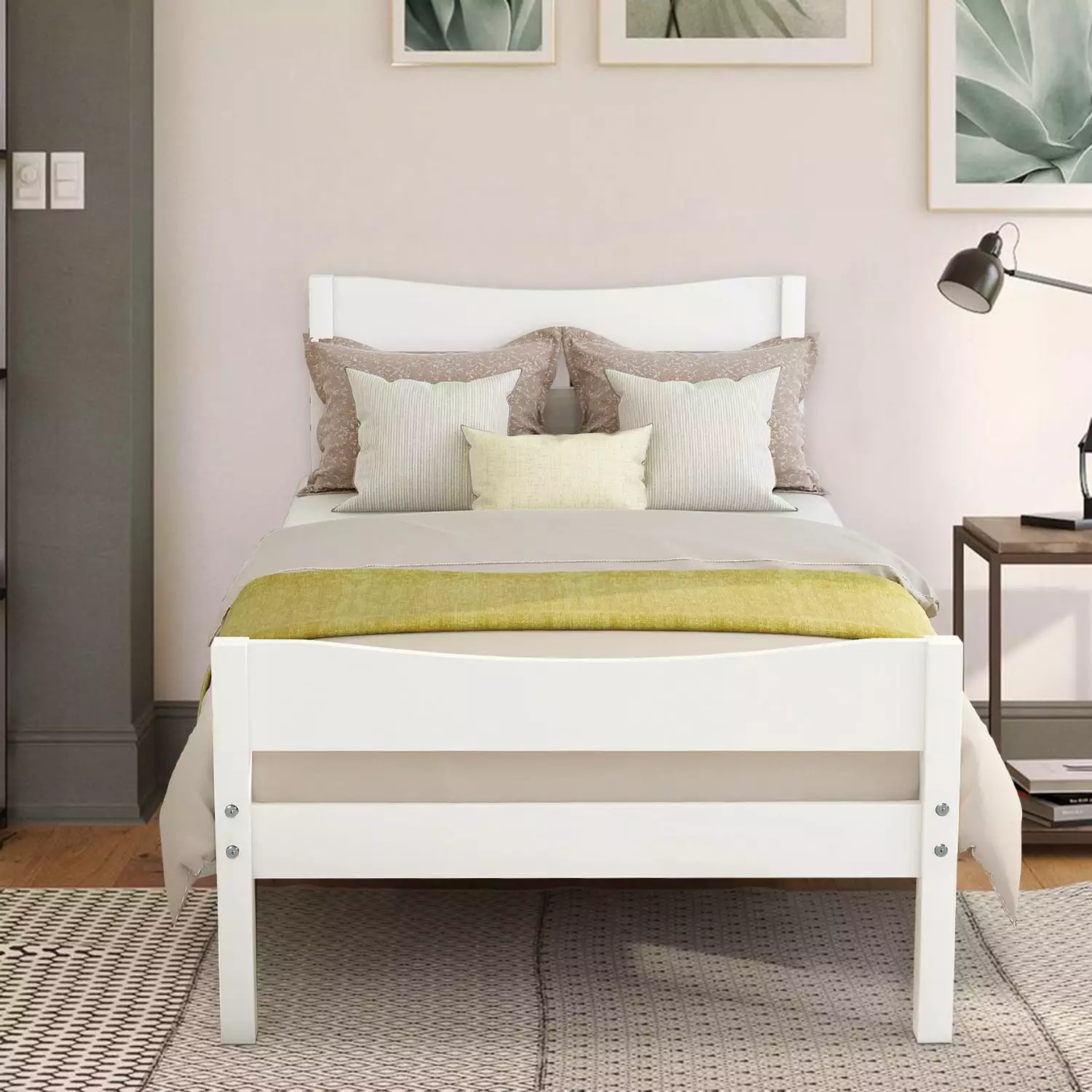 SYNGAR Twin Bed Frame Kids Solid Pine Wood Platform Headboard and Footboard White LJ818