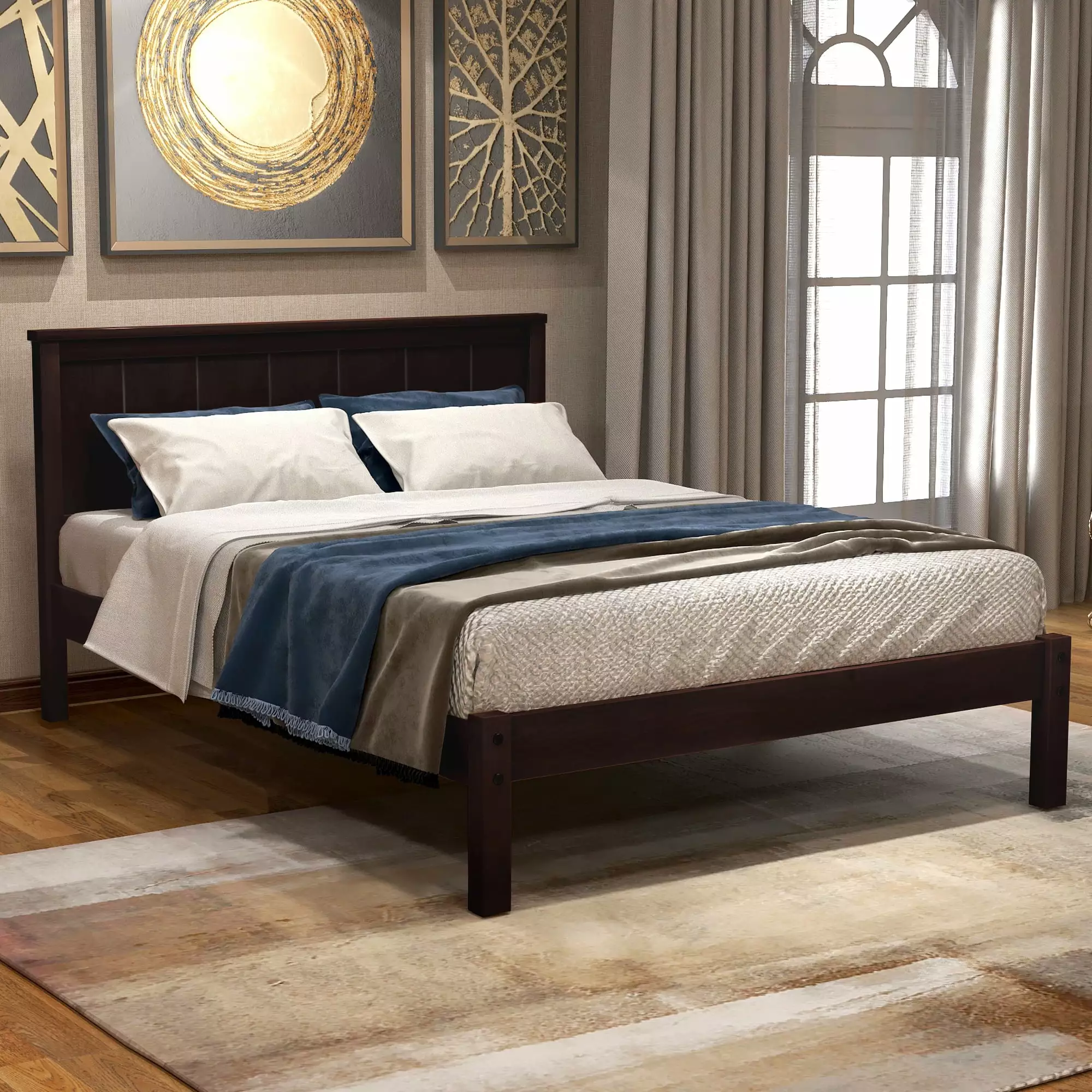 Wood Platform Bed Headboard Twin Bed Frame Solid Pine Wood Slats Support Espresso LJ2430 Syngar