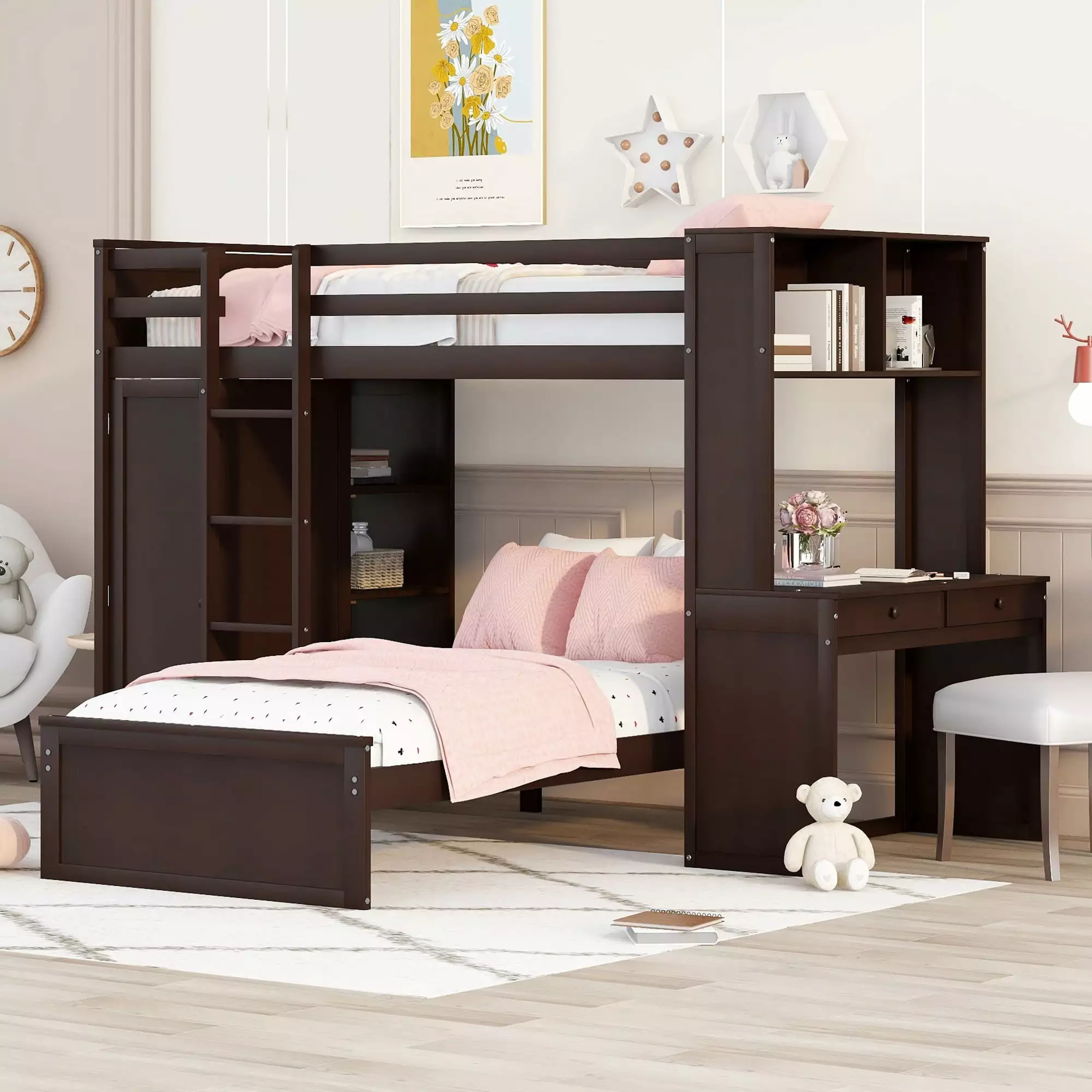 Twin Size Wood Convertible Bunk Bed Storage Drawers and Shelves, Loft Bed Desk and Wardrobe Kids Teens, Espresso THINK 30