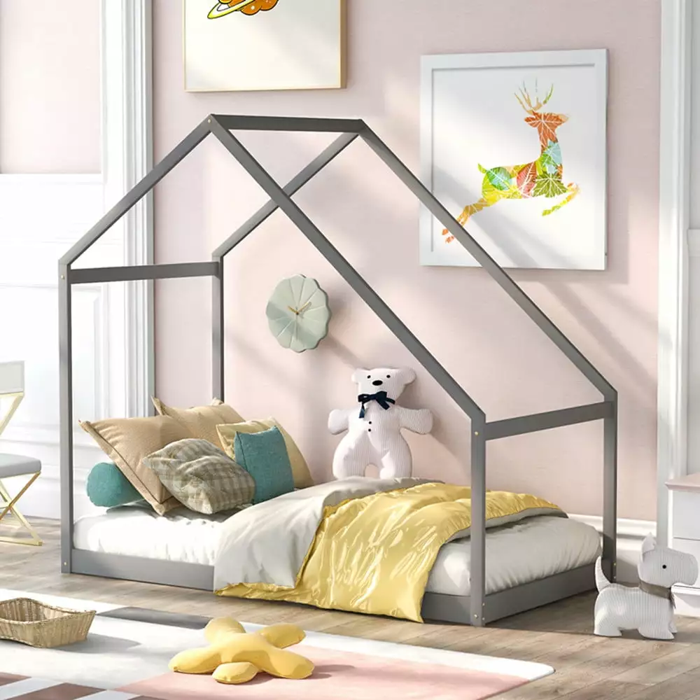 Twin Size Houtilize Bed Kids, Wooden Platform Bed Frame Sturdy Slats, Playhoutilize Floor Bed Montessori Canopy Bed, Gray ...