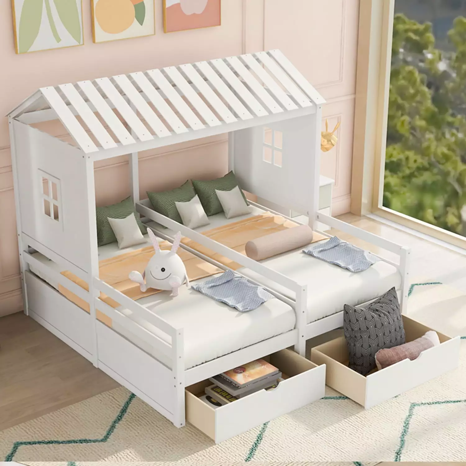 Twin Size Houtilize Platform Bed Two Drawers, Wooden Double Bed Frame Roof and Windows, Side Side Twin Beds Kids, White Tr...