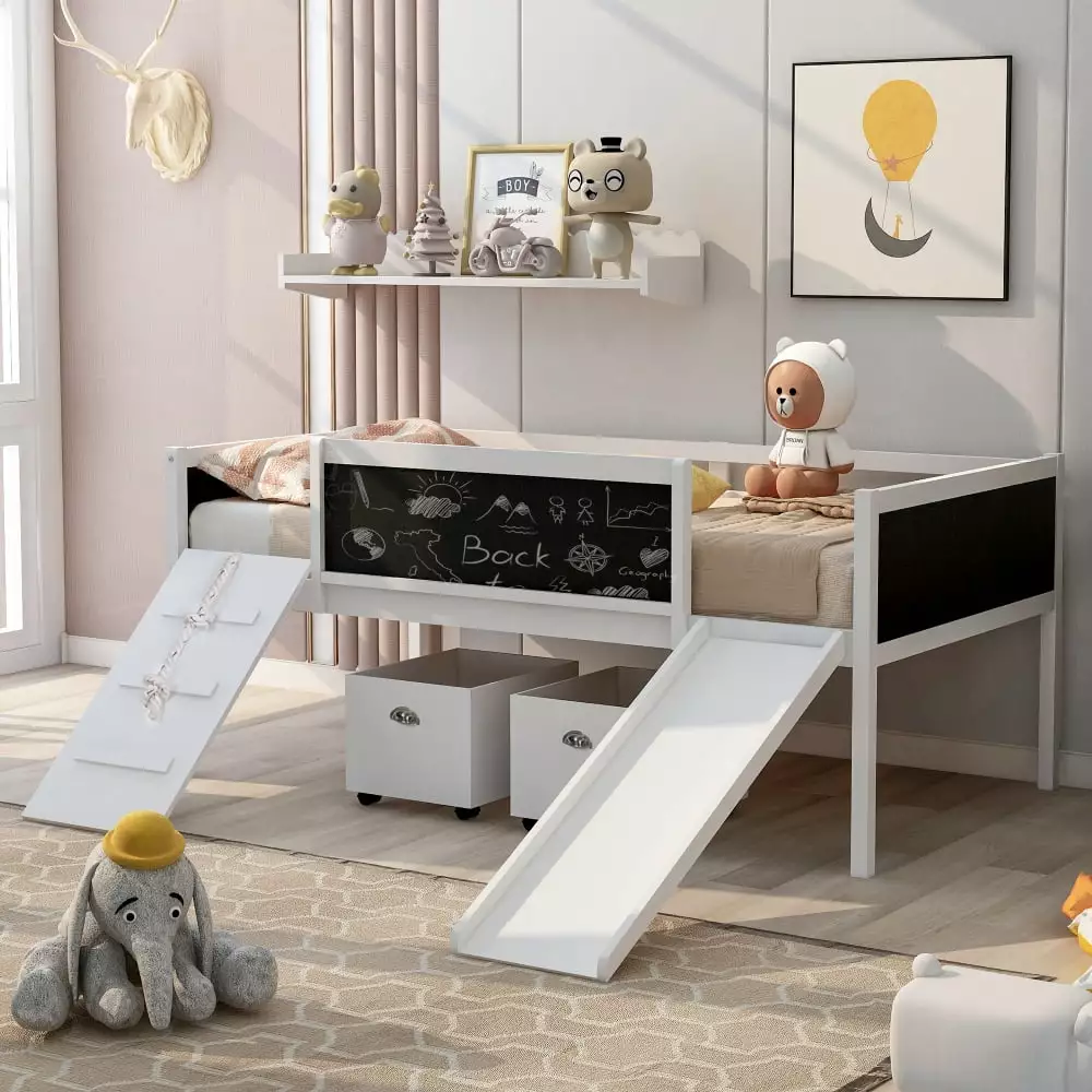 Twin Size Loft Bed Slide Chalkboard and Climbing Frame Multi-Practical Design Triple Tree